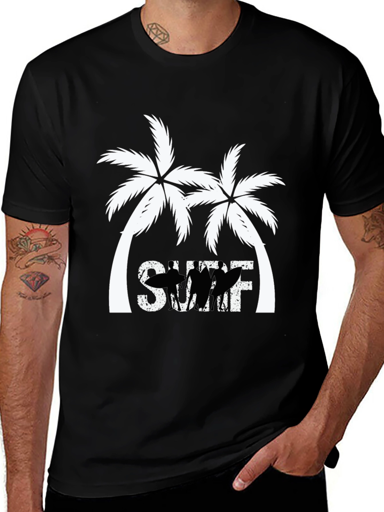 Surf Palm Tree Graphic T-Shirt - Black