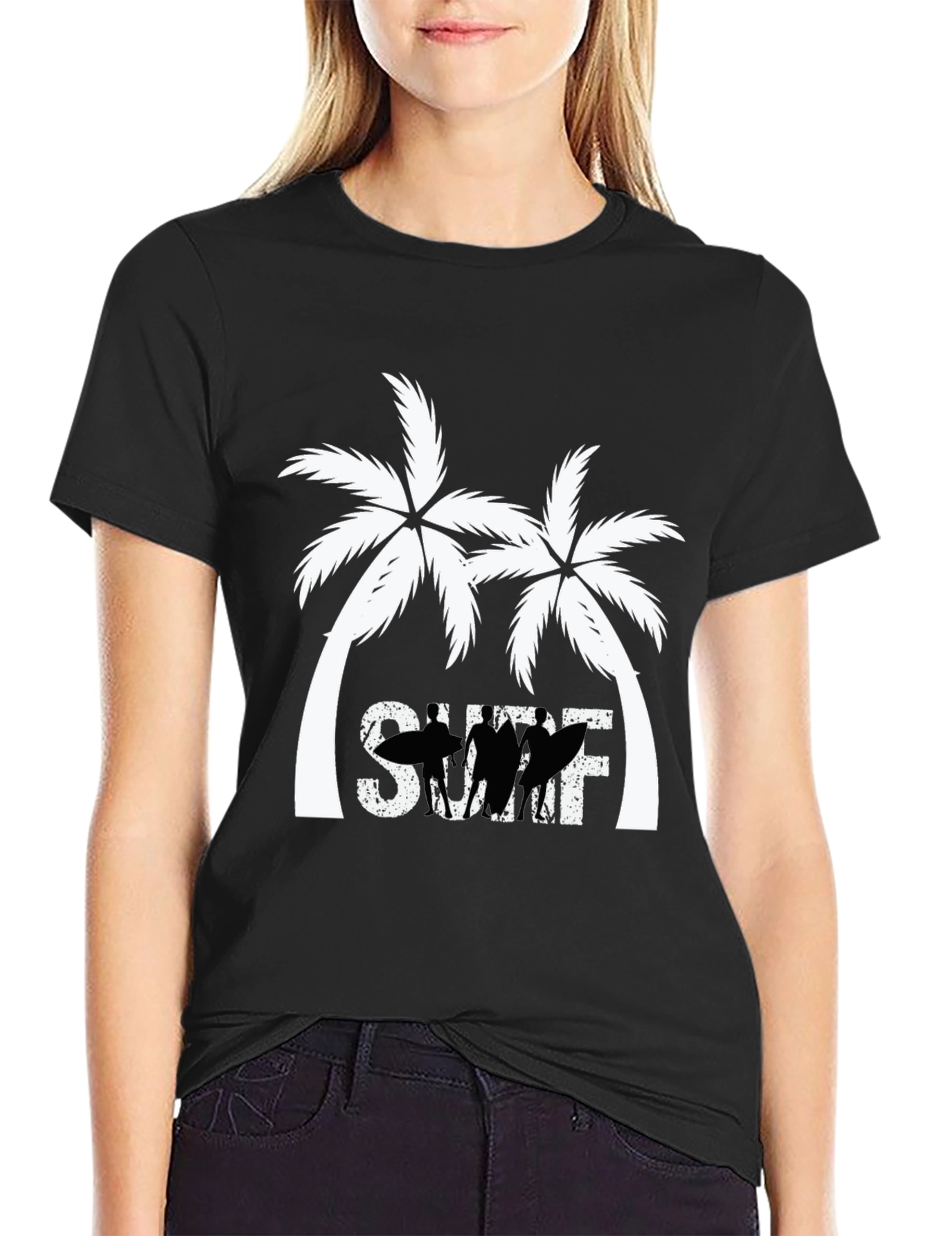 Surf Palm Tree Graphic T-Shirt - Black