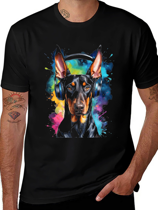 Doberman Dog Headphones Graphic Black T-Shirt