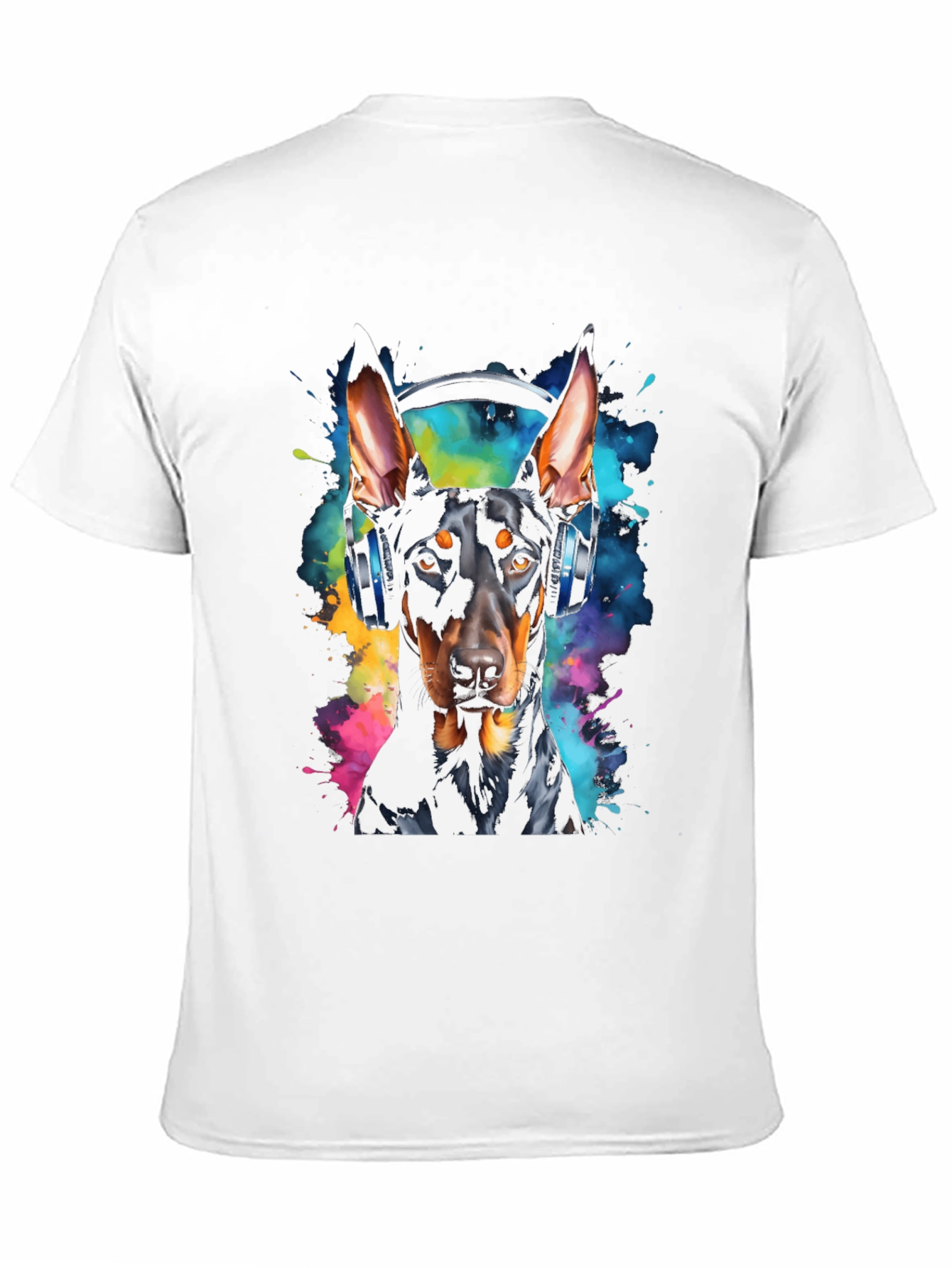 Doberman Dog Headphones Graphic Black T-Shirt
