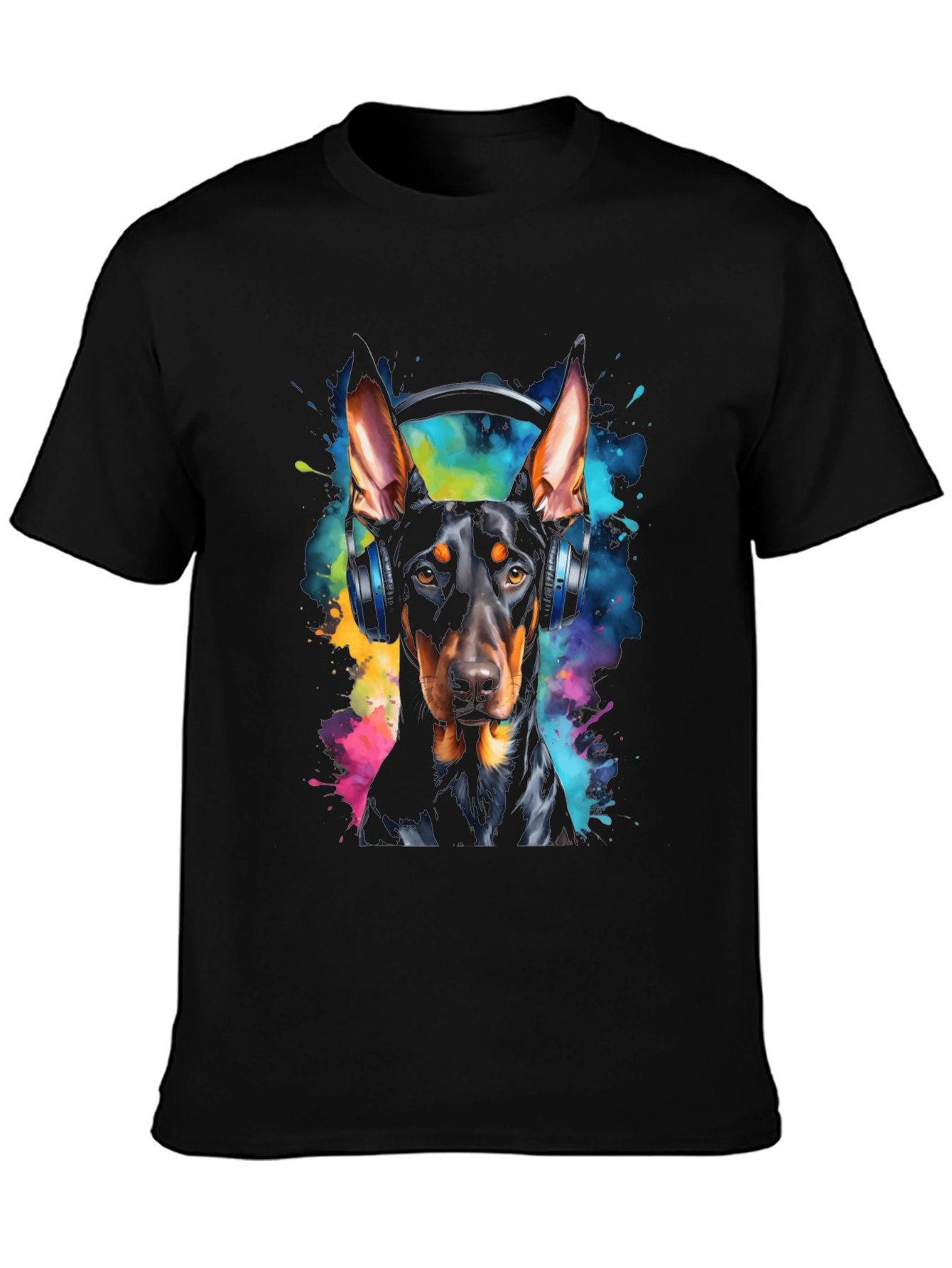 Doberman Dog Headphones Graphic Black T-Shirt
