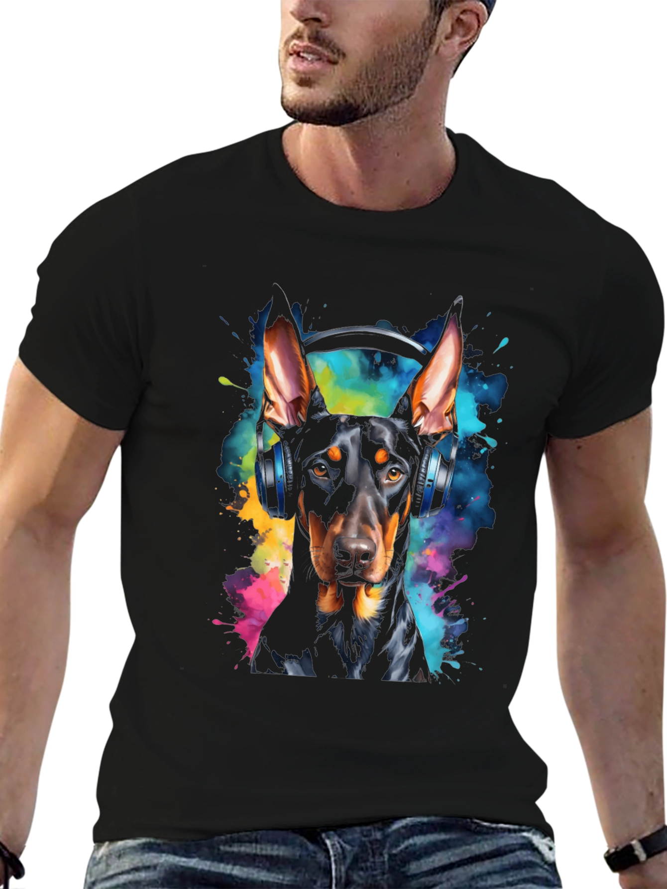 Doberman Dog Headphones Graphic Black T-Shirt