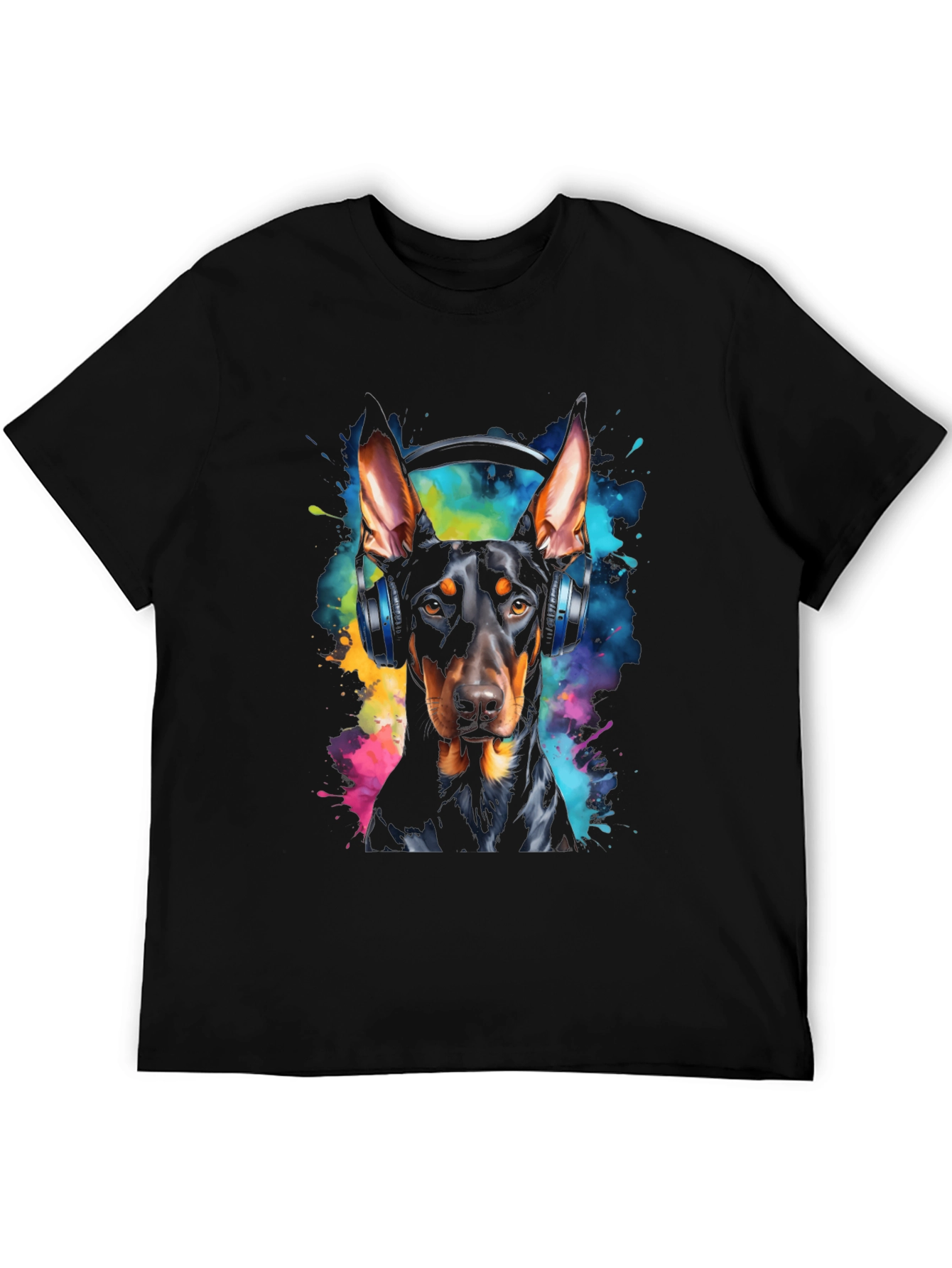 Doberman Dog Headphones Graphic Black T-Shirt