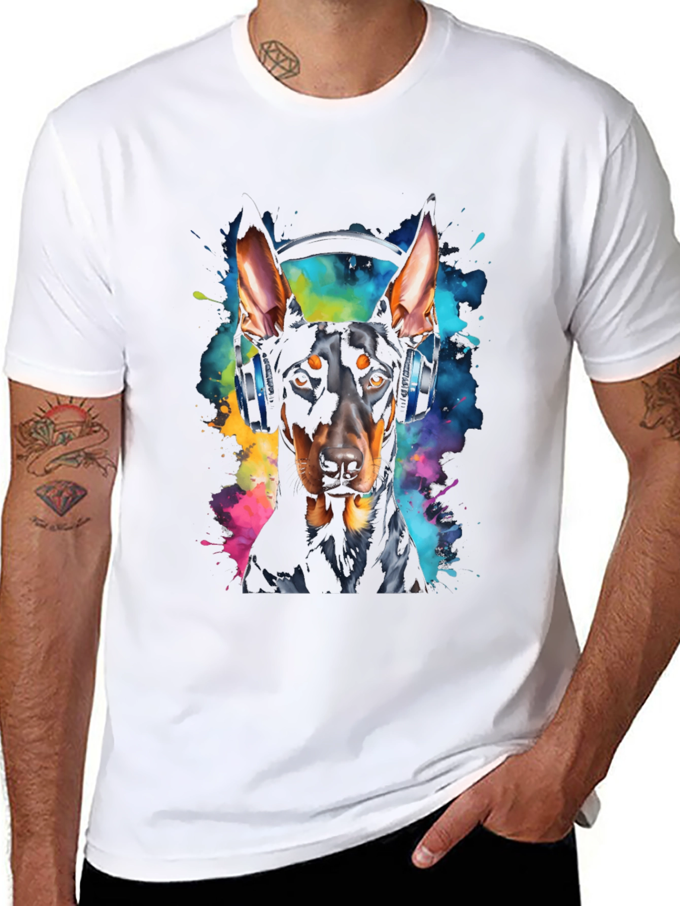 Doberman Dog Headphones Graphic Black T-Shirt