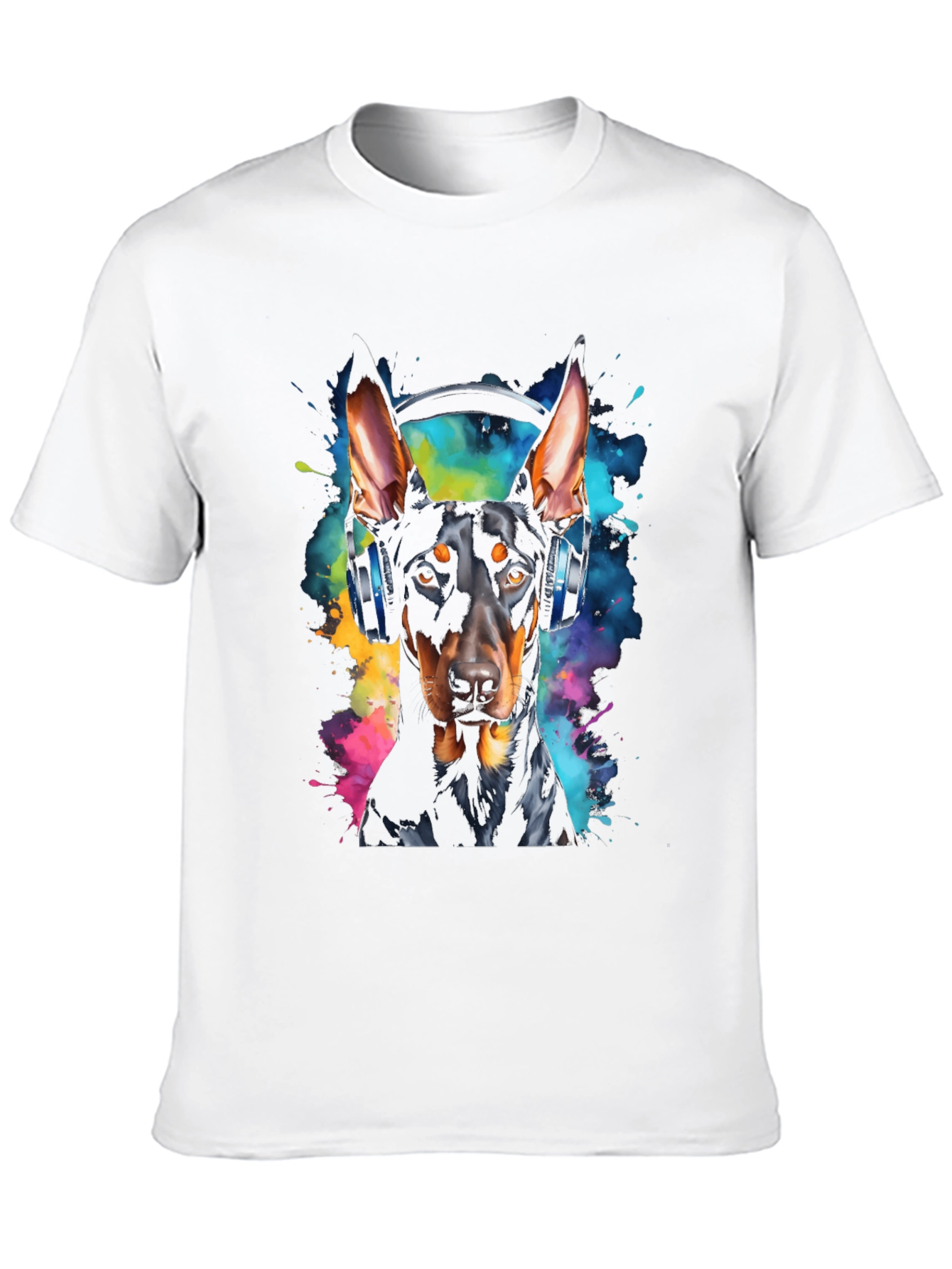 Doberman Dog Headphones Graphic Black T-Shirt