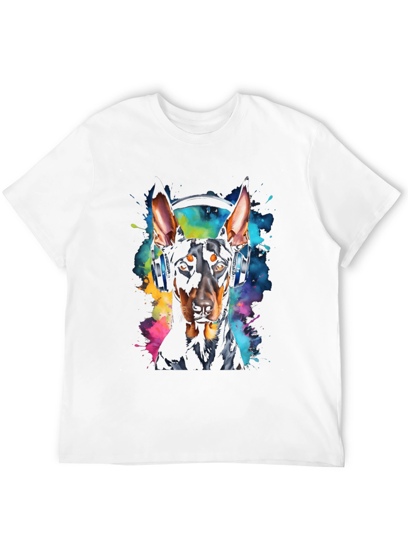 Doberman Dog Headphones Graphic Black T-Shirt