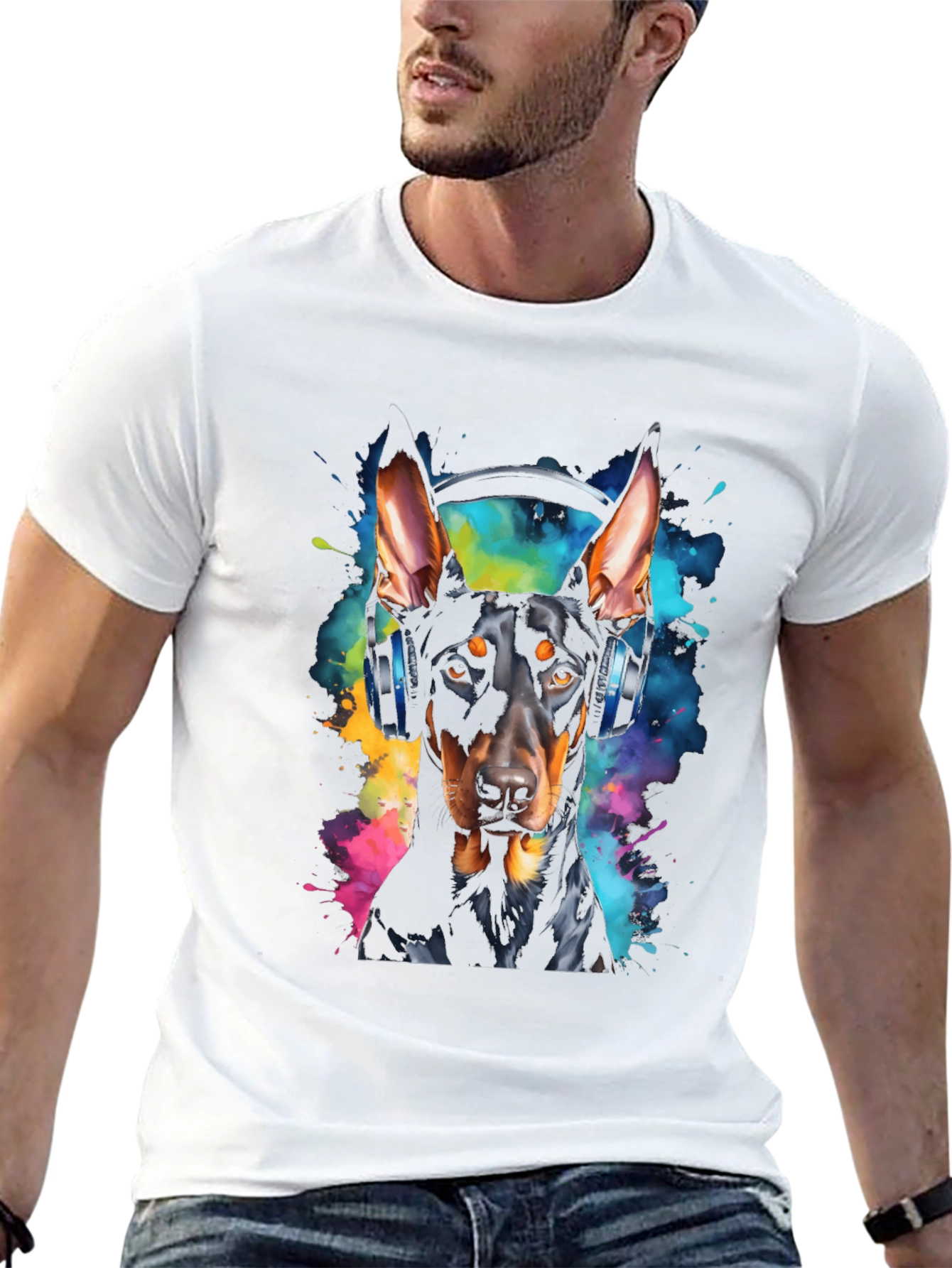 Doberman Dog Headphones Graphic Black T-Shirt
