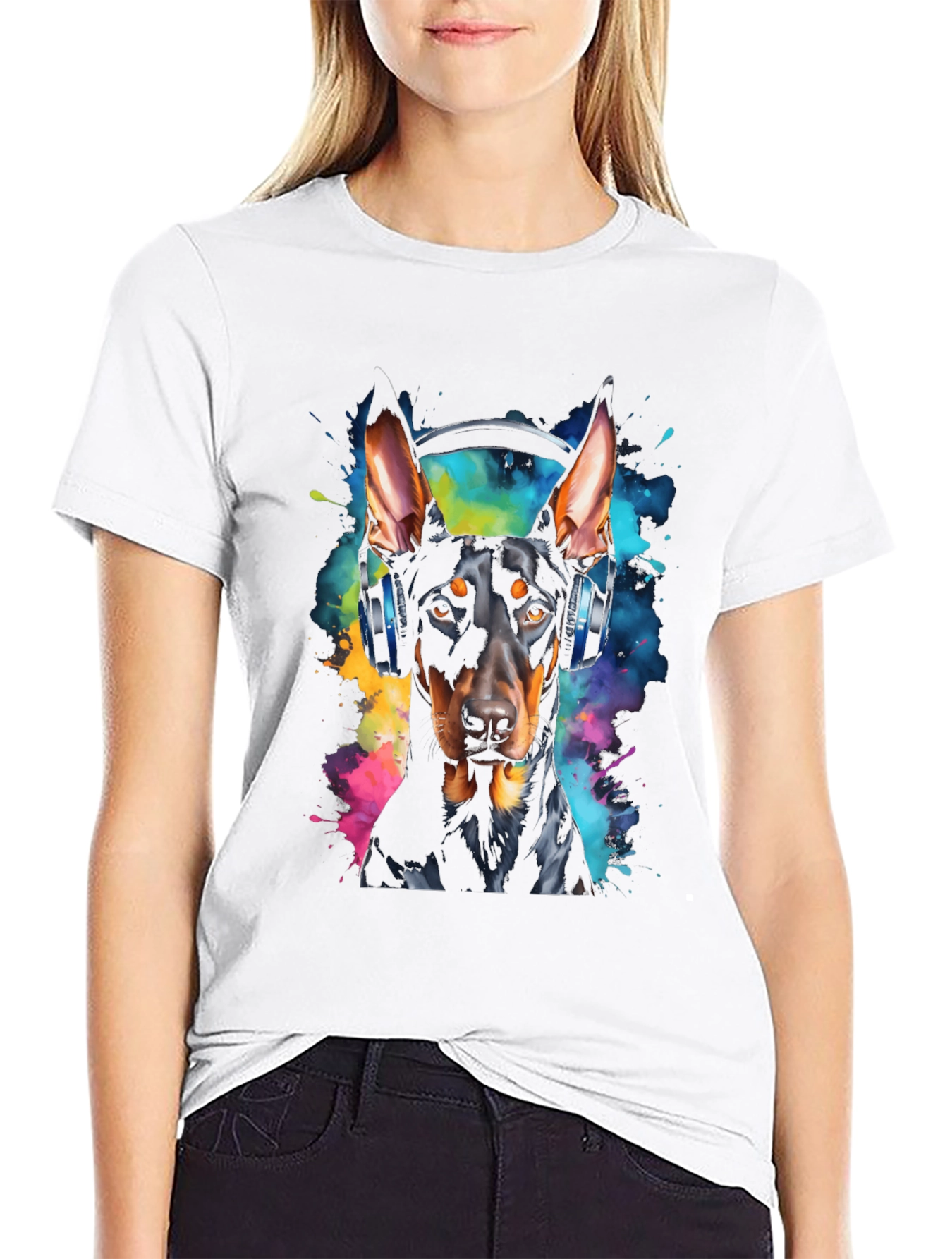 Doberman Dog Headphones Graphic Black T-Shirt