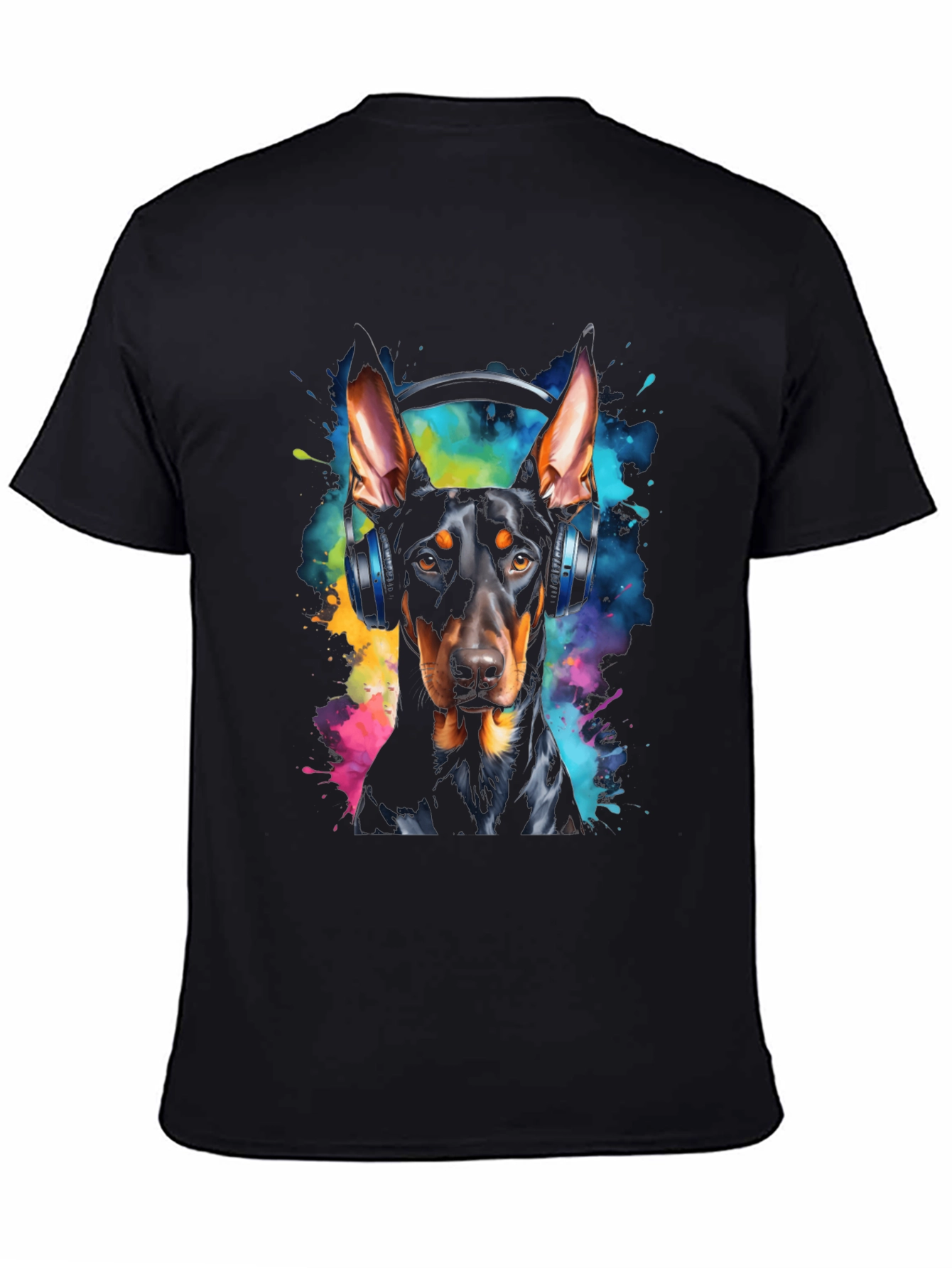 Doberman Dog Headphones Graphic Black T-Shirt