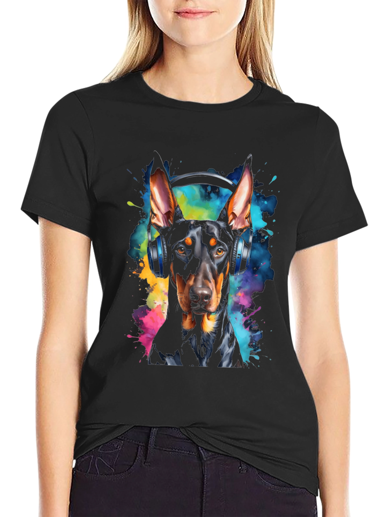 Doberman Dog Headphones Graphic Black T-Shirt