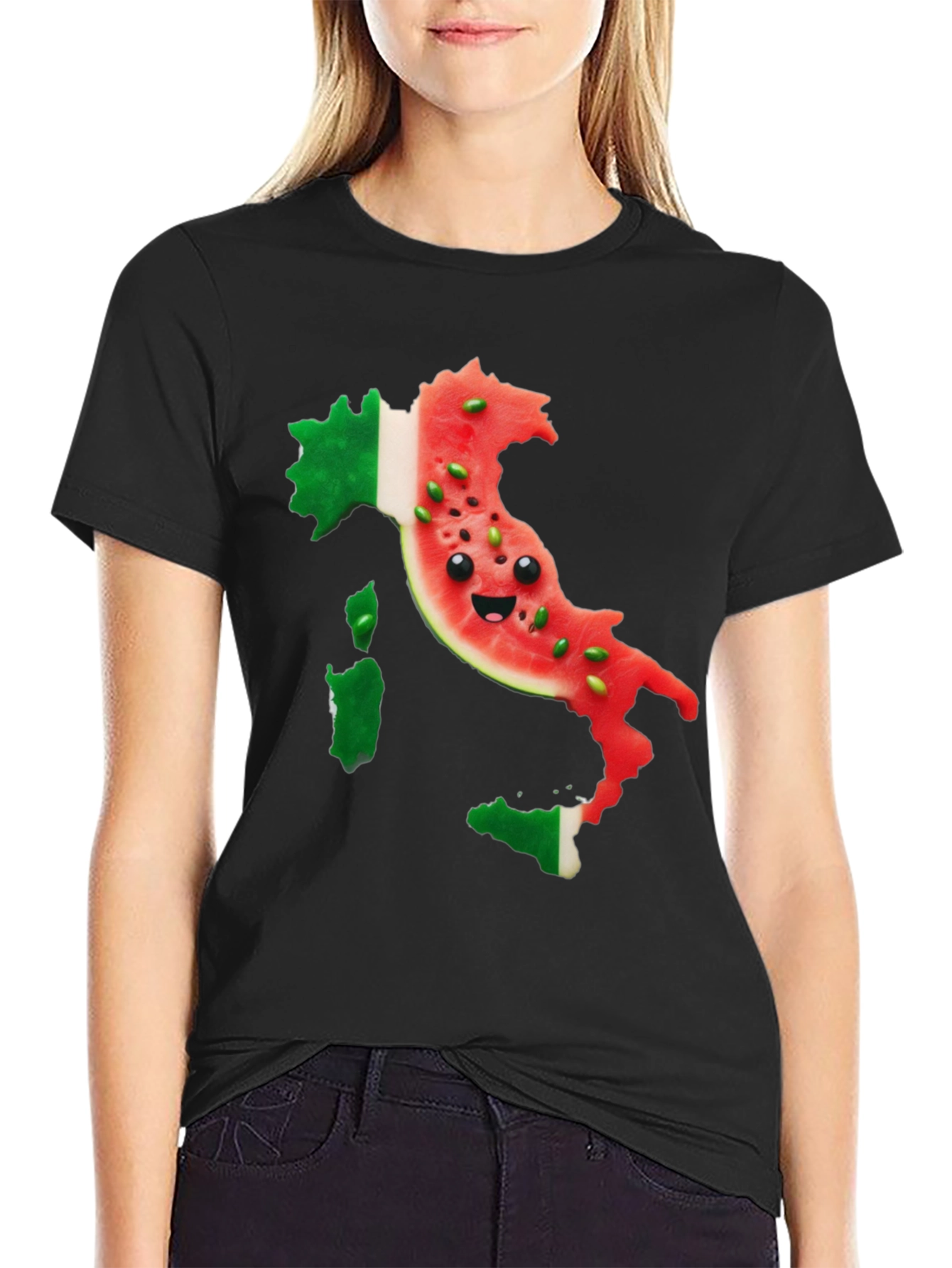 Italy Watermelon Face Mens Black T-Shirt