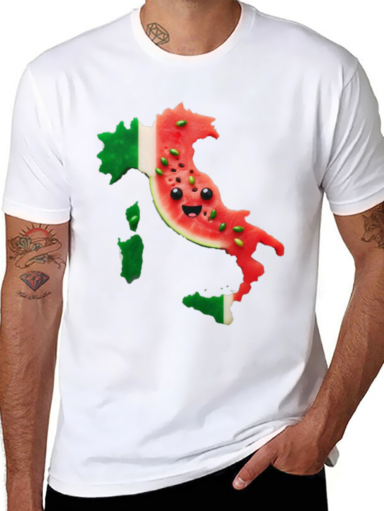 Italy Watermelon Face Mens Black T-Shirt