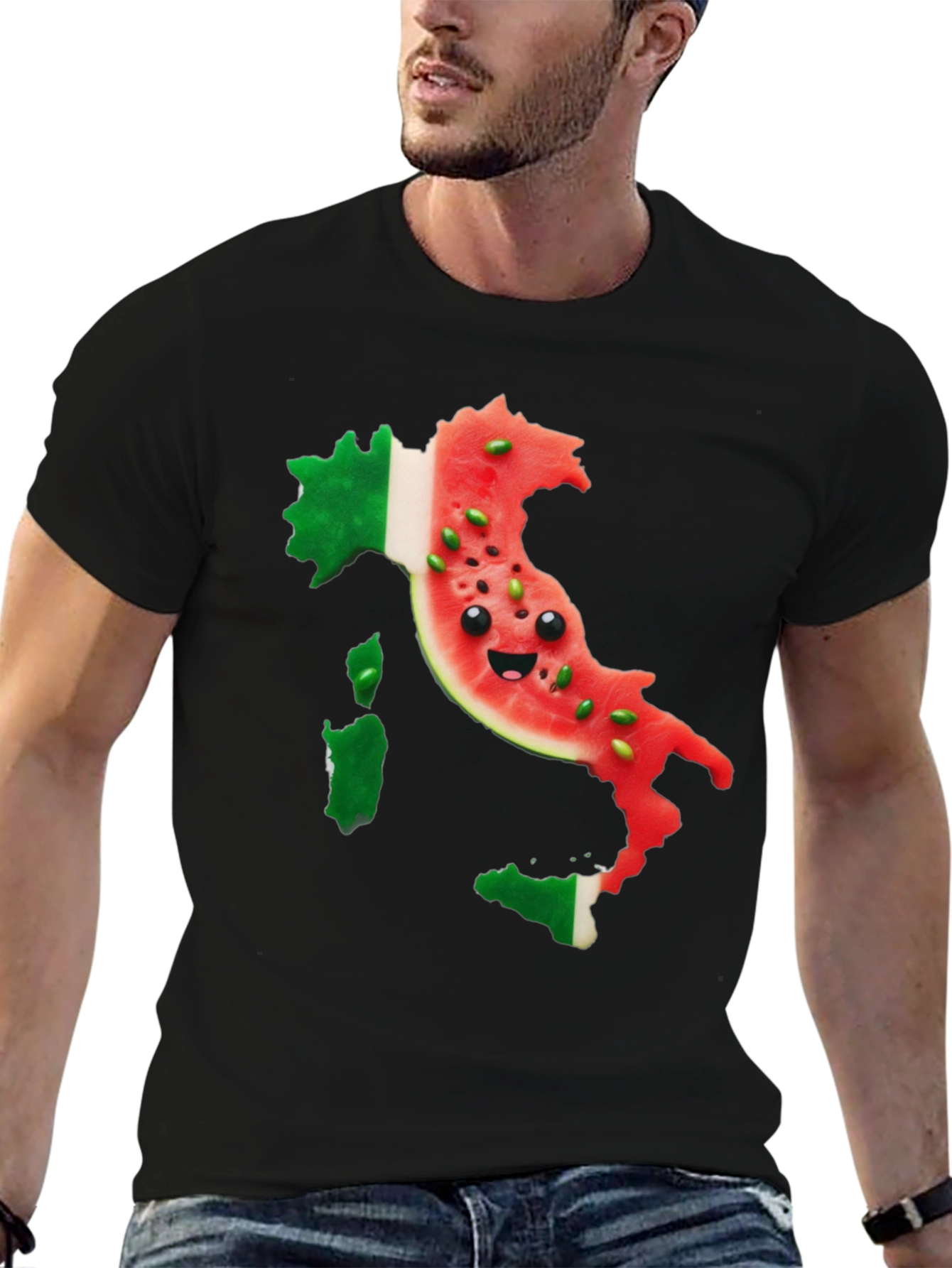 Italy Watermelon Face Mens Black T-Shirt