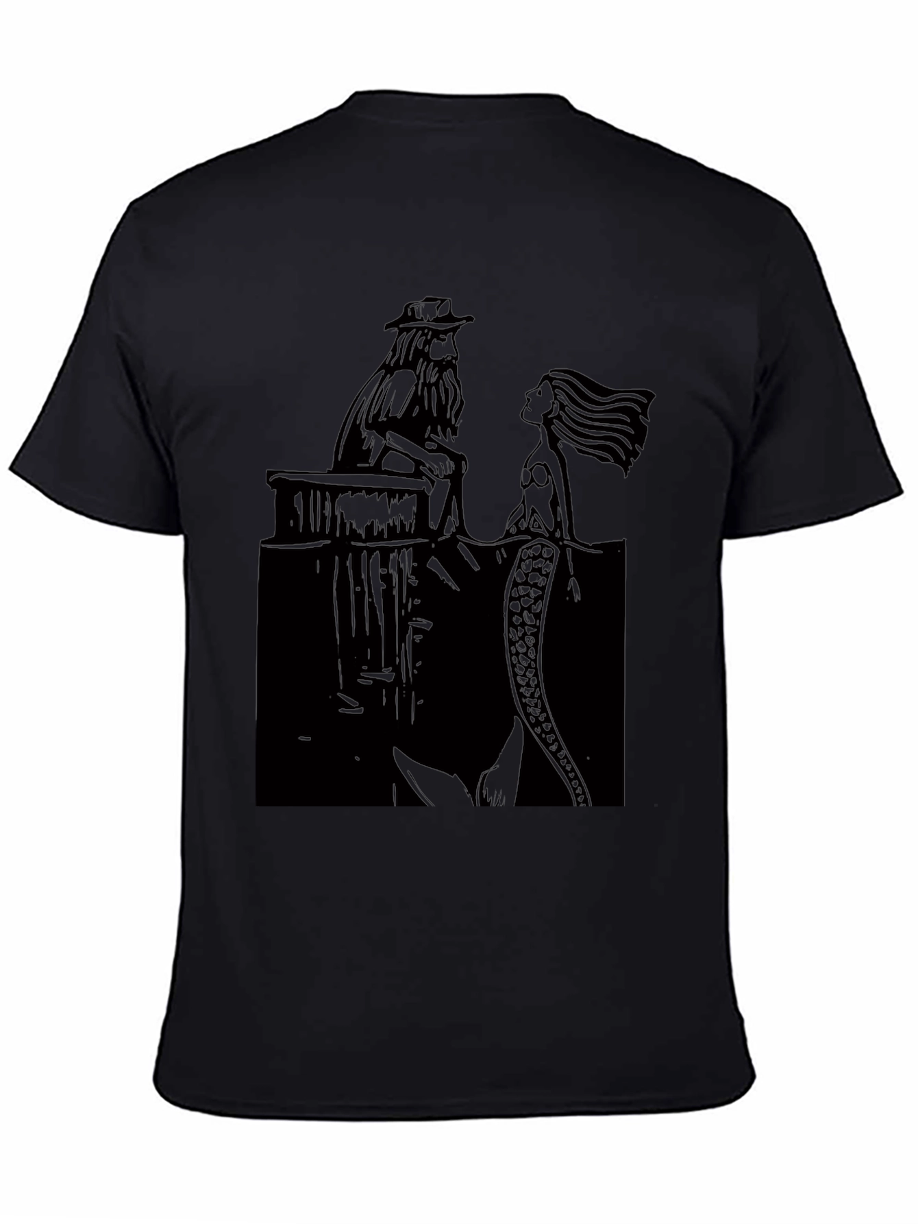 Black T-Shirt with Man and Mermaid Design