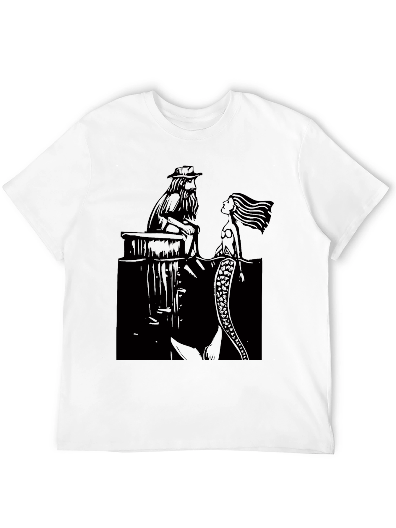 Black T-Shirt with Man and Mermaid Design