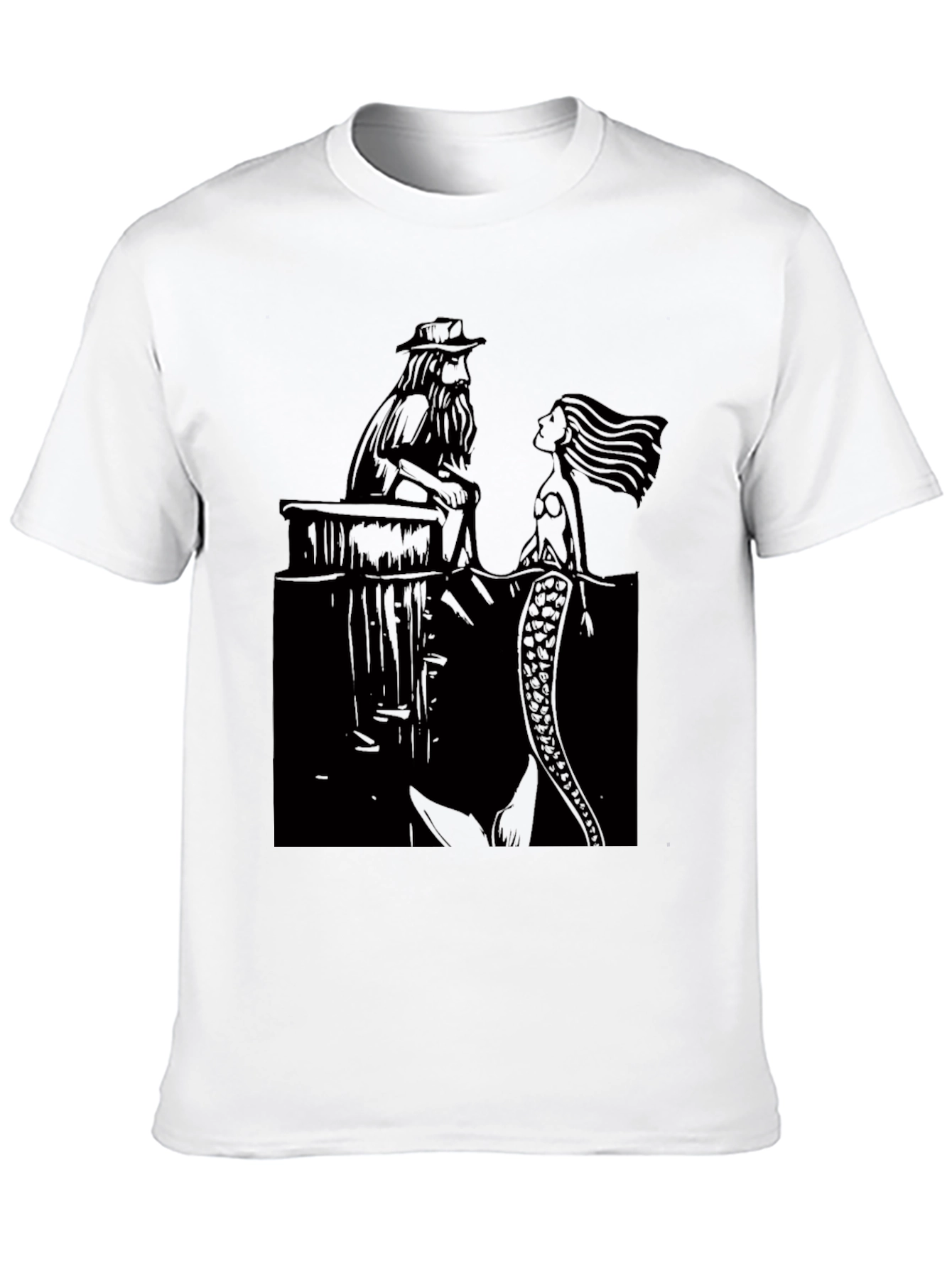 Black T-Shirt with Man and Mermaid Design