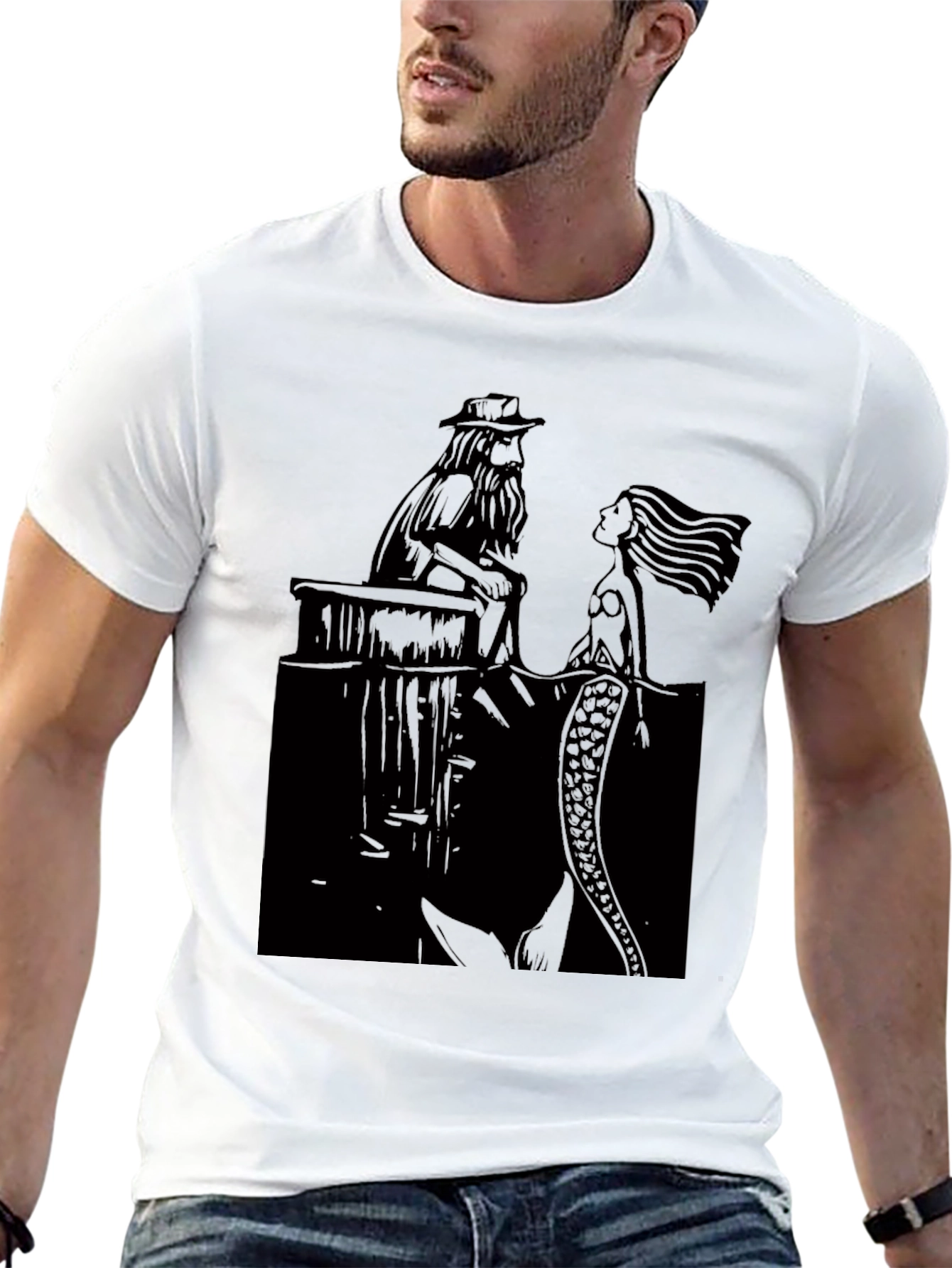 Black T-Shirt with Man and Mermaid Design