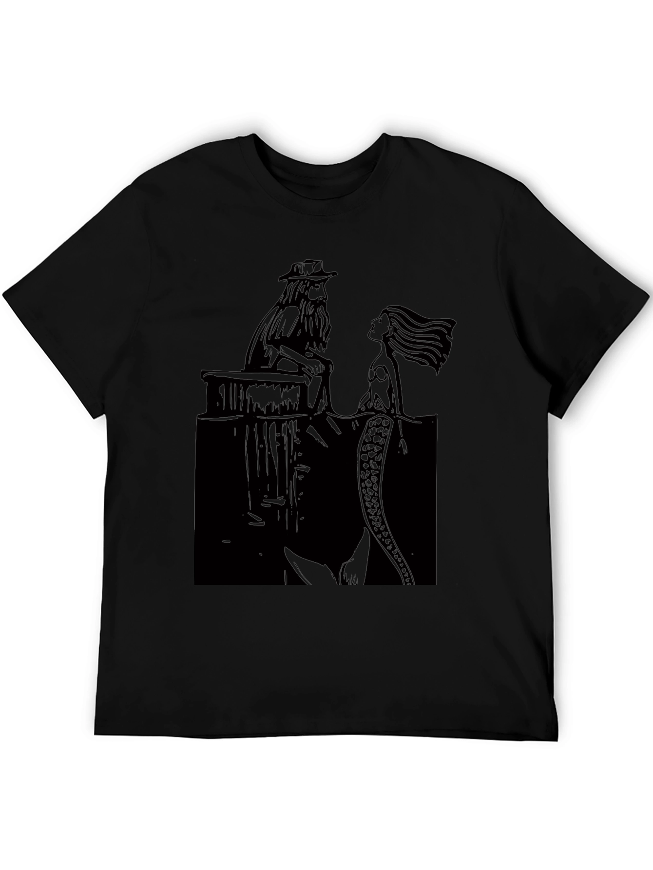 Black T-Shirt with Man and Mermaid Design