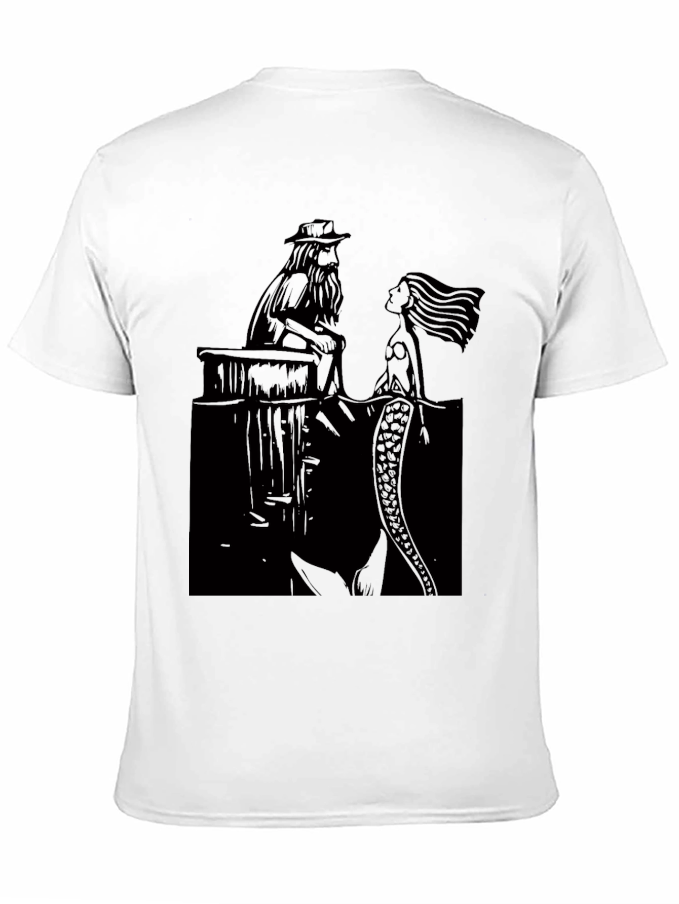 Black T-Shirt with Man and Mermaid Design