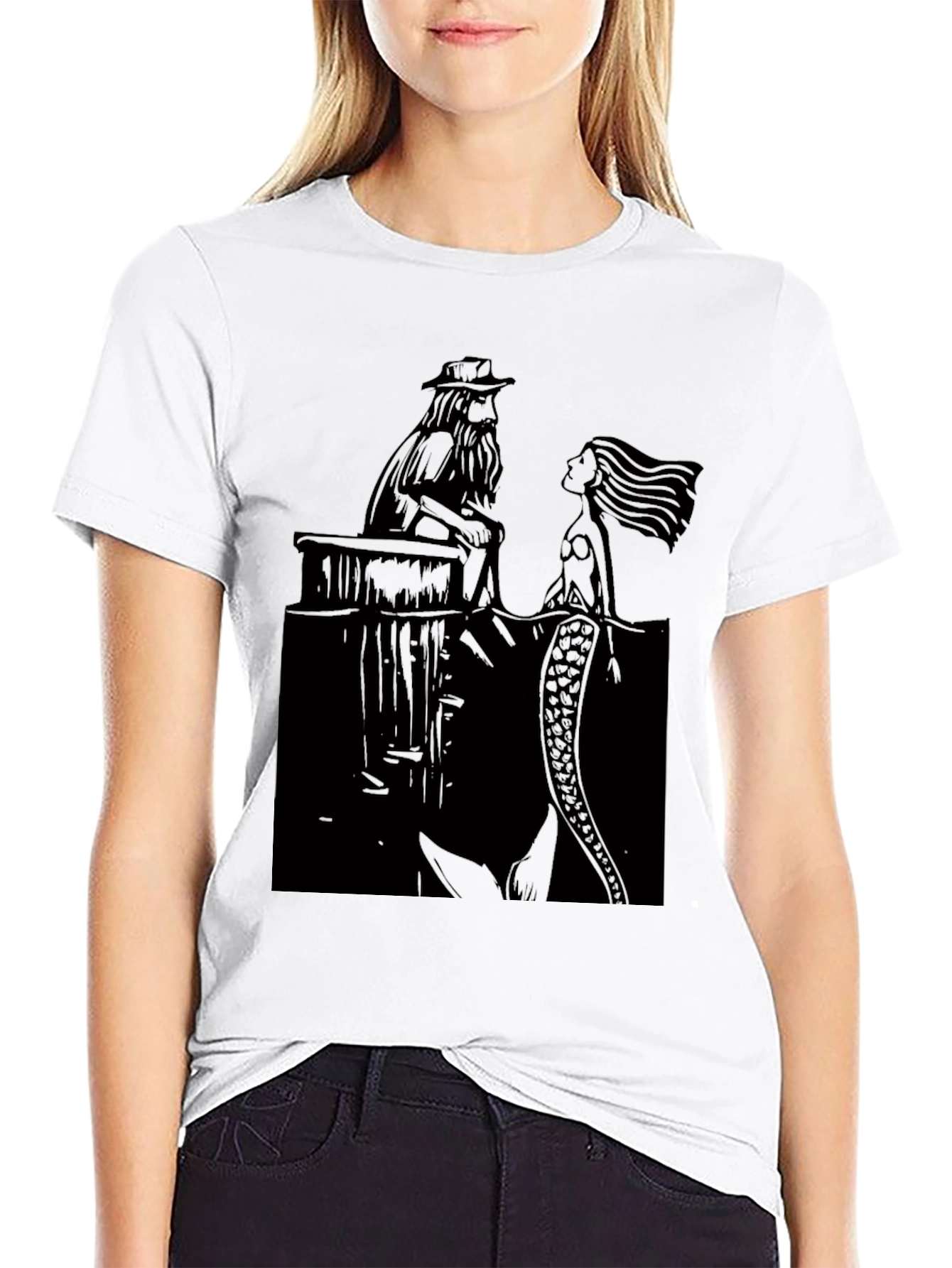 Black T-Shirt with Man and Mermaid Design