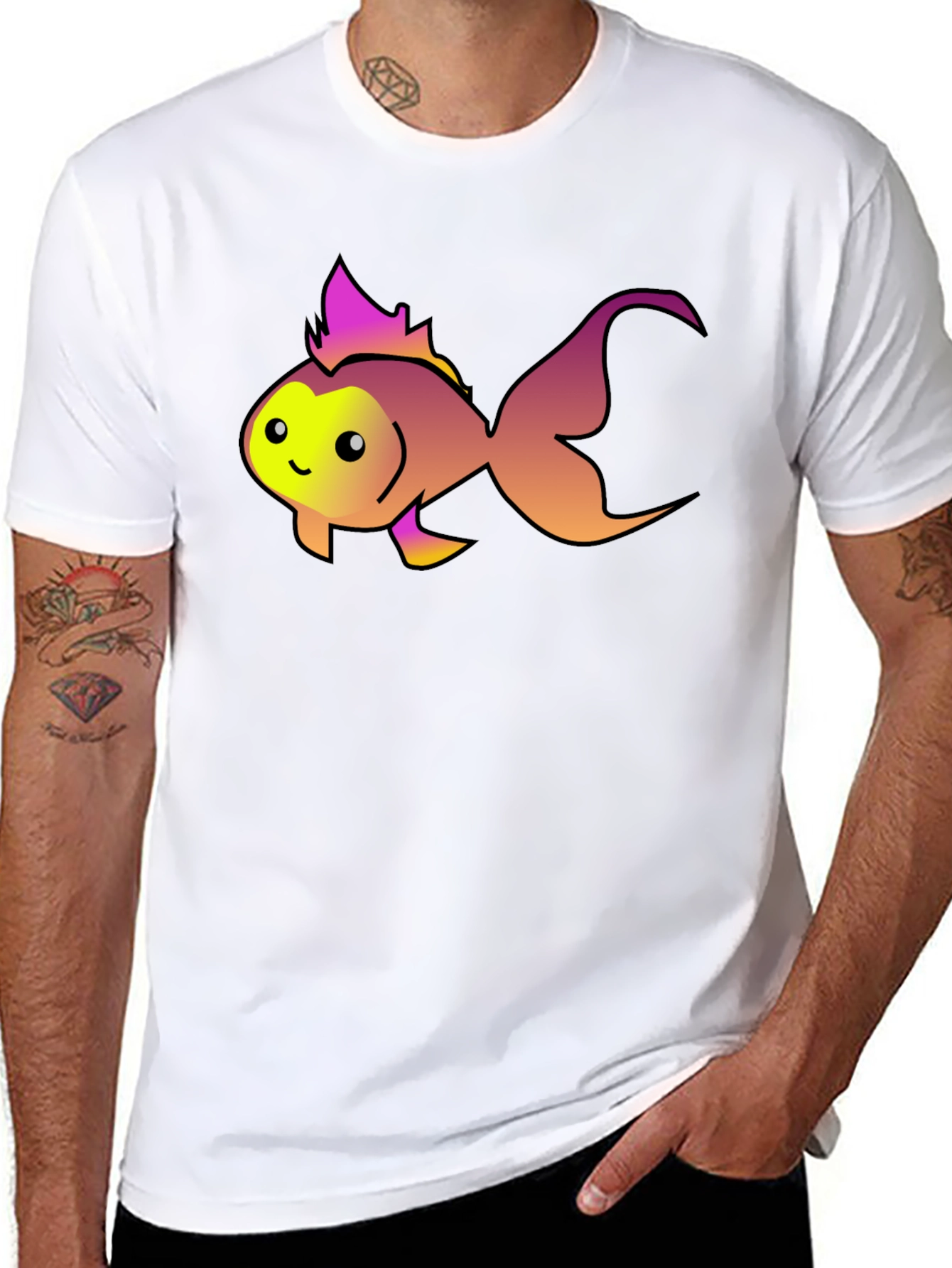 Cute Fish Graphic Tee - Black Cotton T-Shirt