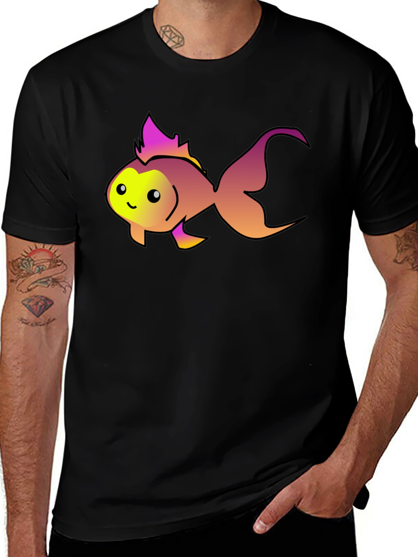 Cute Fish Graphic Tee - Black Cotton T-Shirt