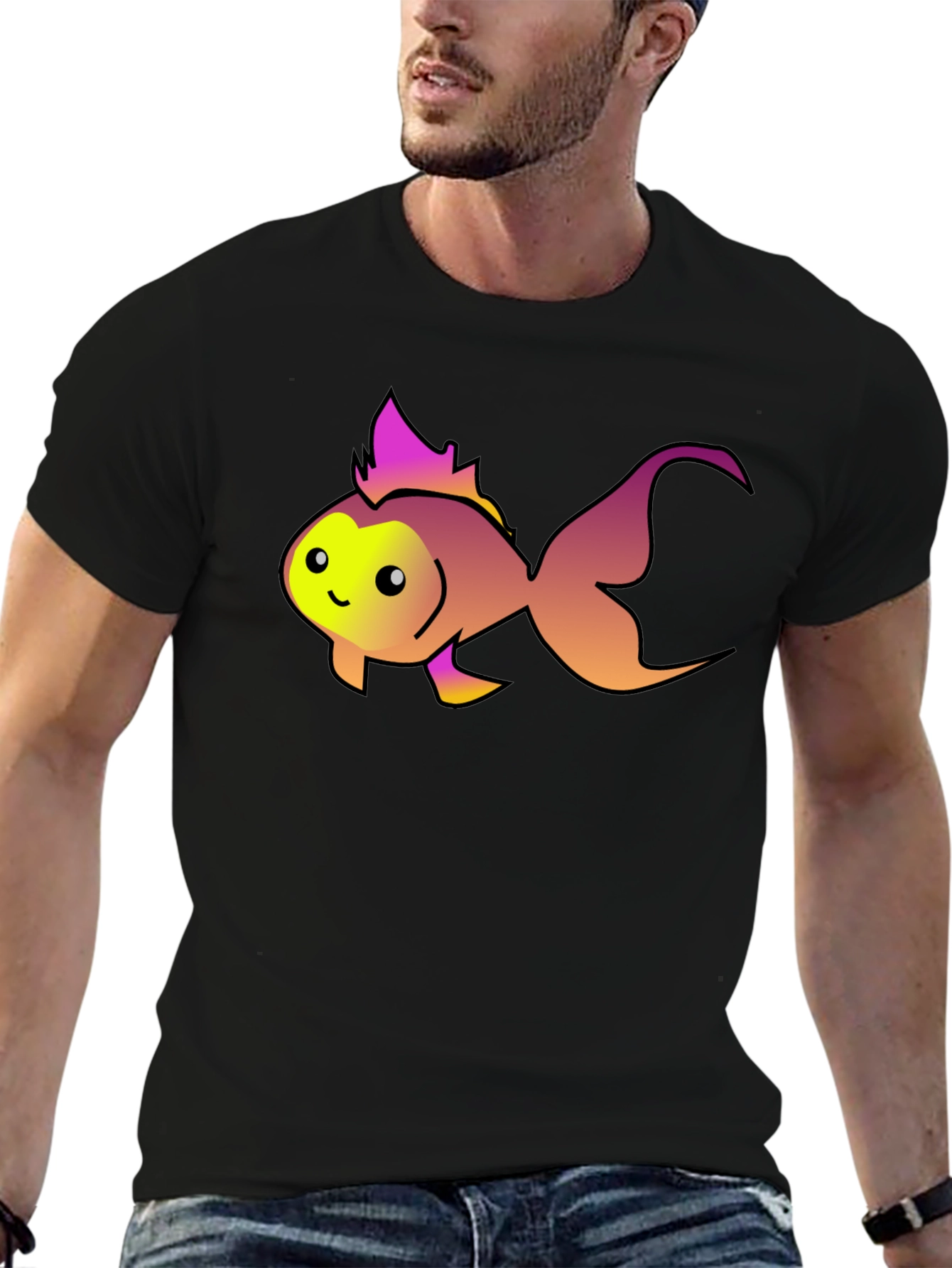 Cute Fish Graphic Tee - Black Cotton T-Shirt