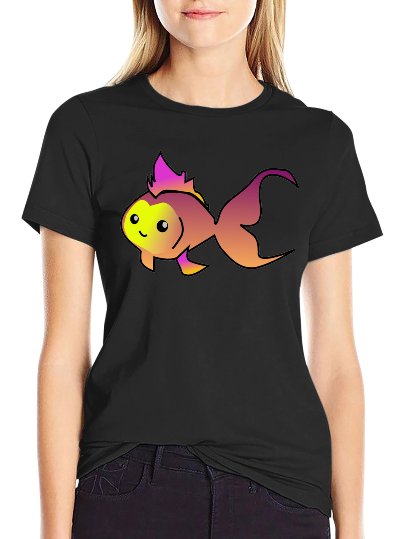 Cute Fish Graphic Tee - Black Cotton T-Shirt