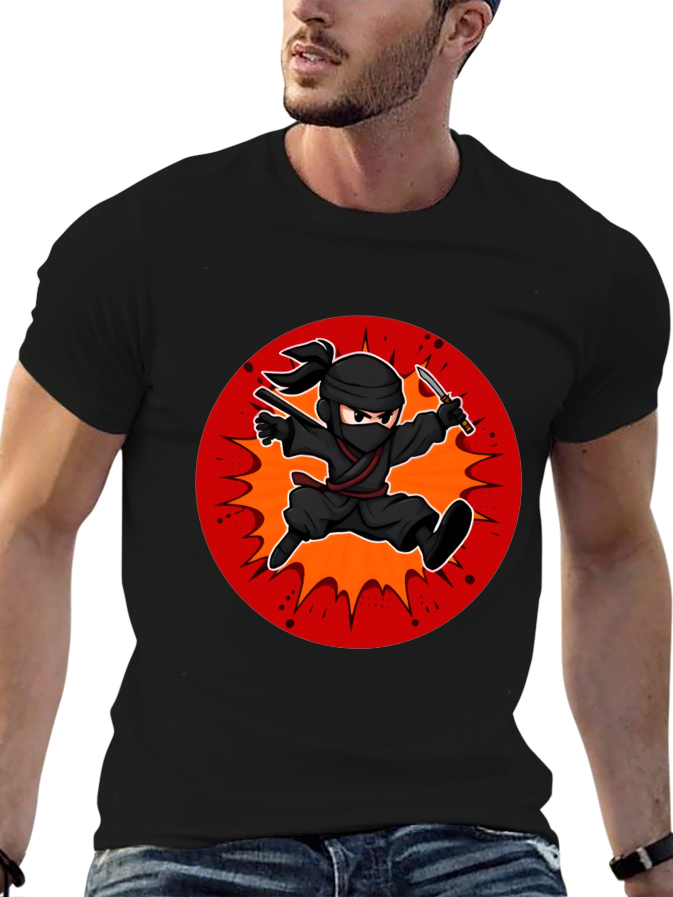 Ninja Cartoon Graphic Black T-Shirt