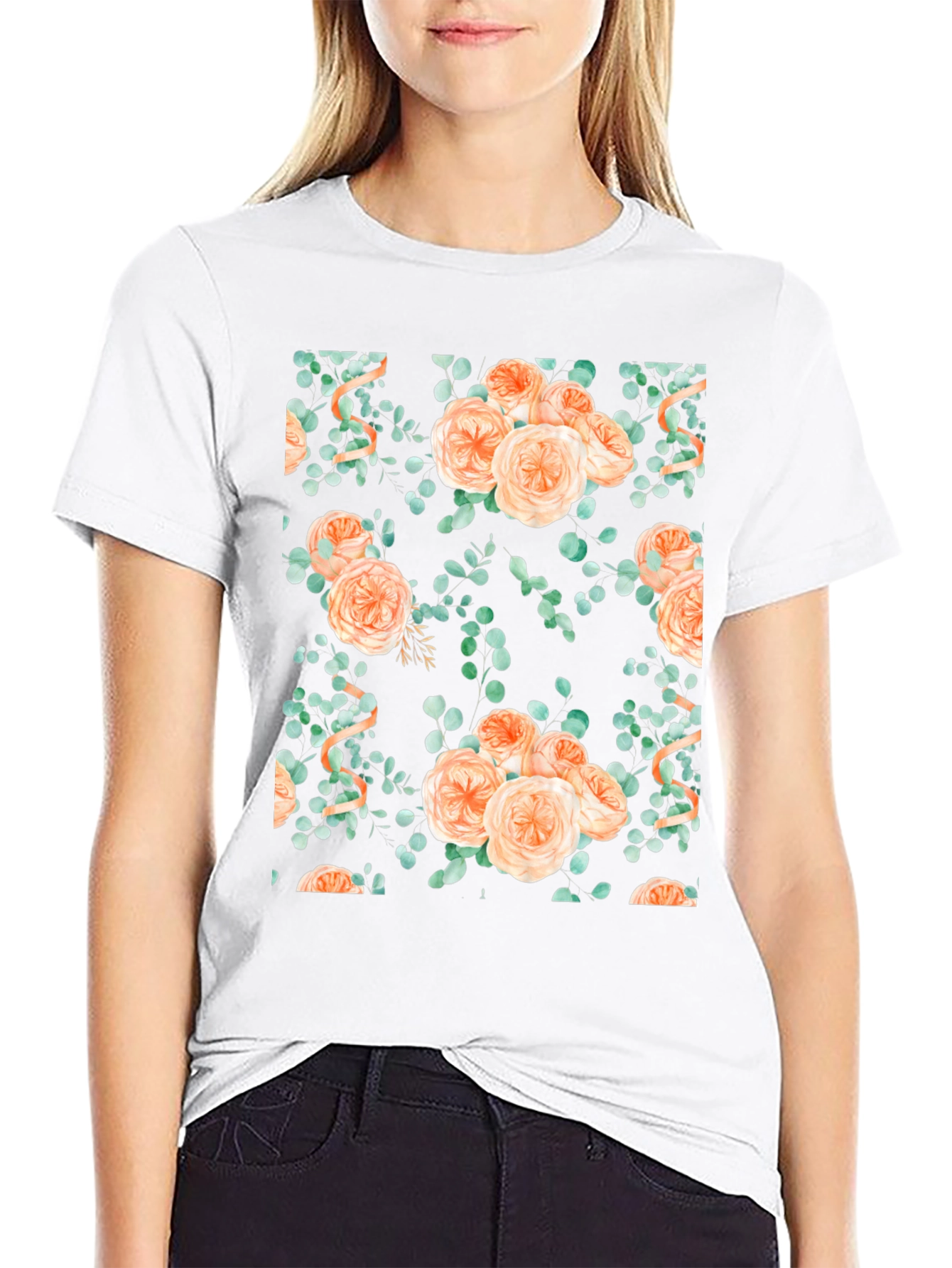 Floral Peach Rose Print Black T-Shirt