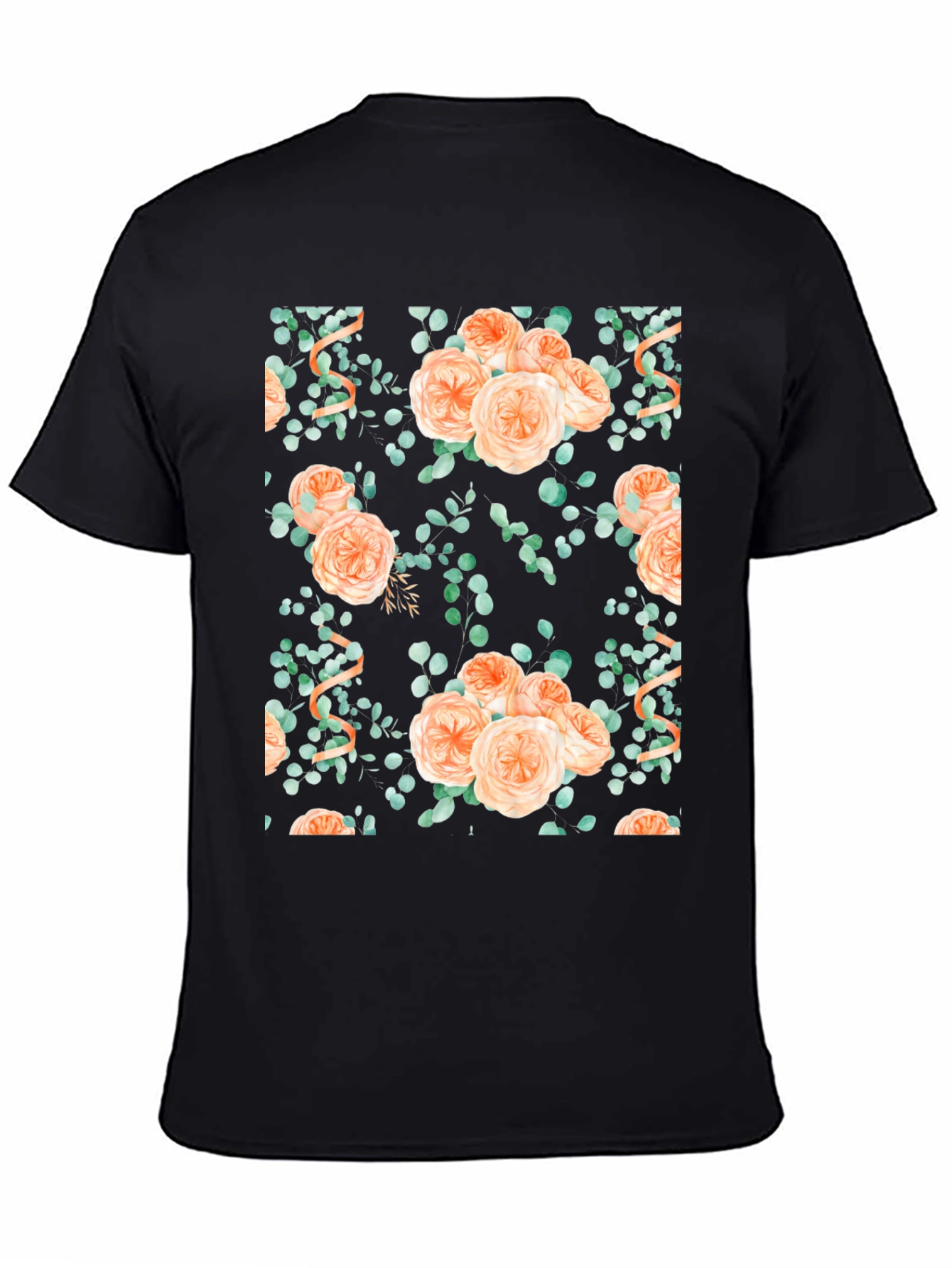 Floral Peach Rose Print Black T-Shirt