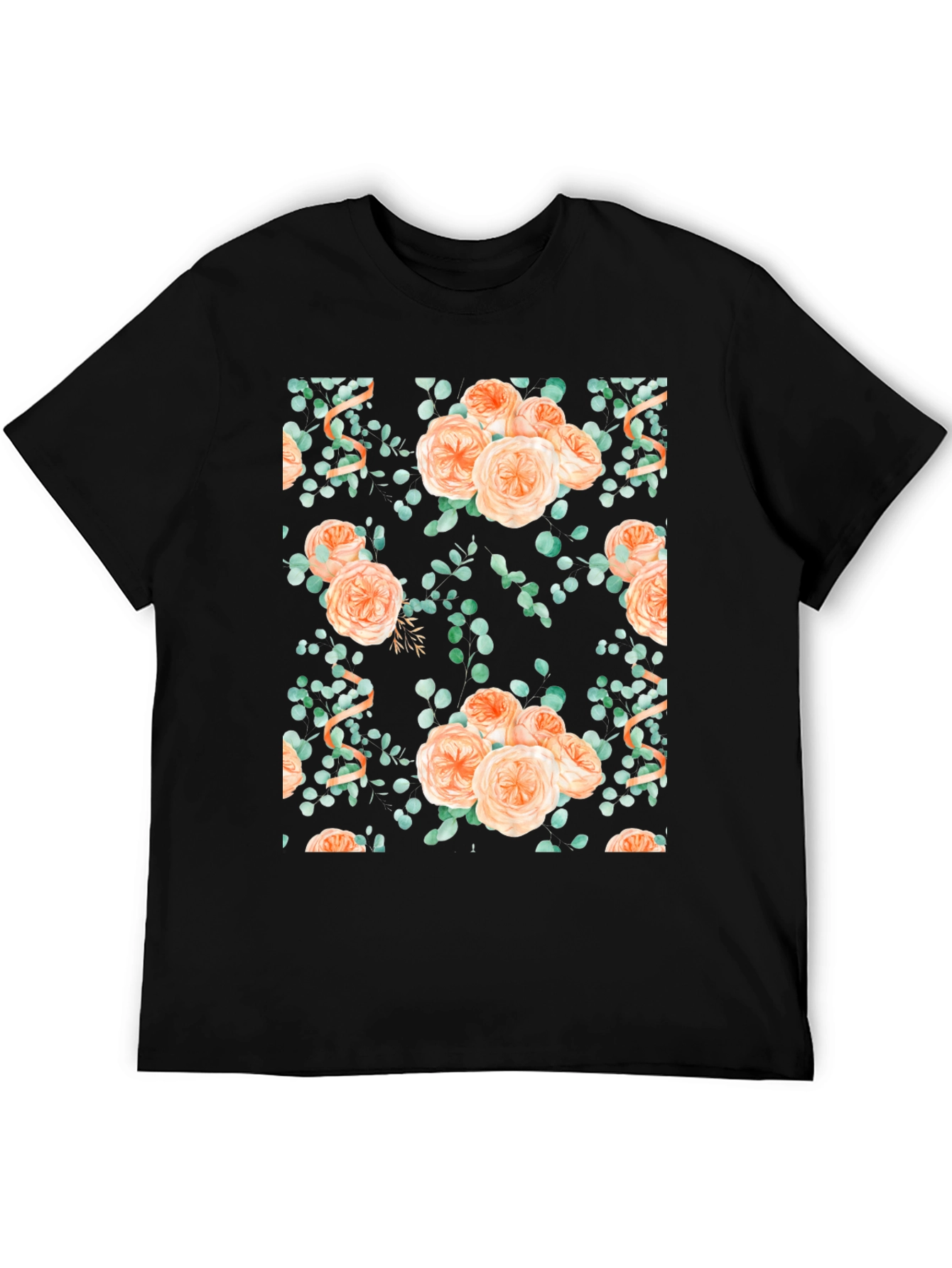 Floral Peach Rose Print Black T-Shirt