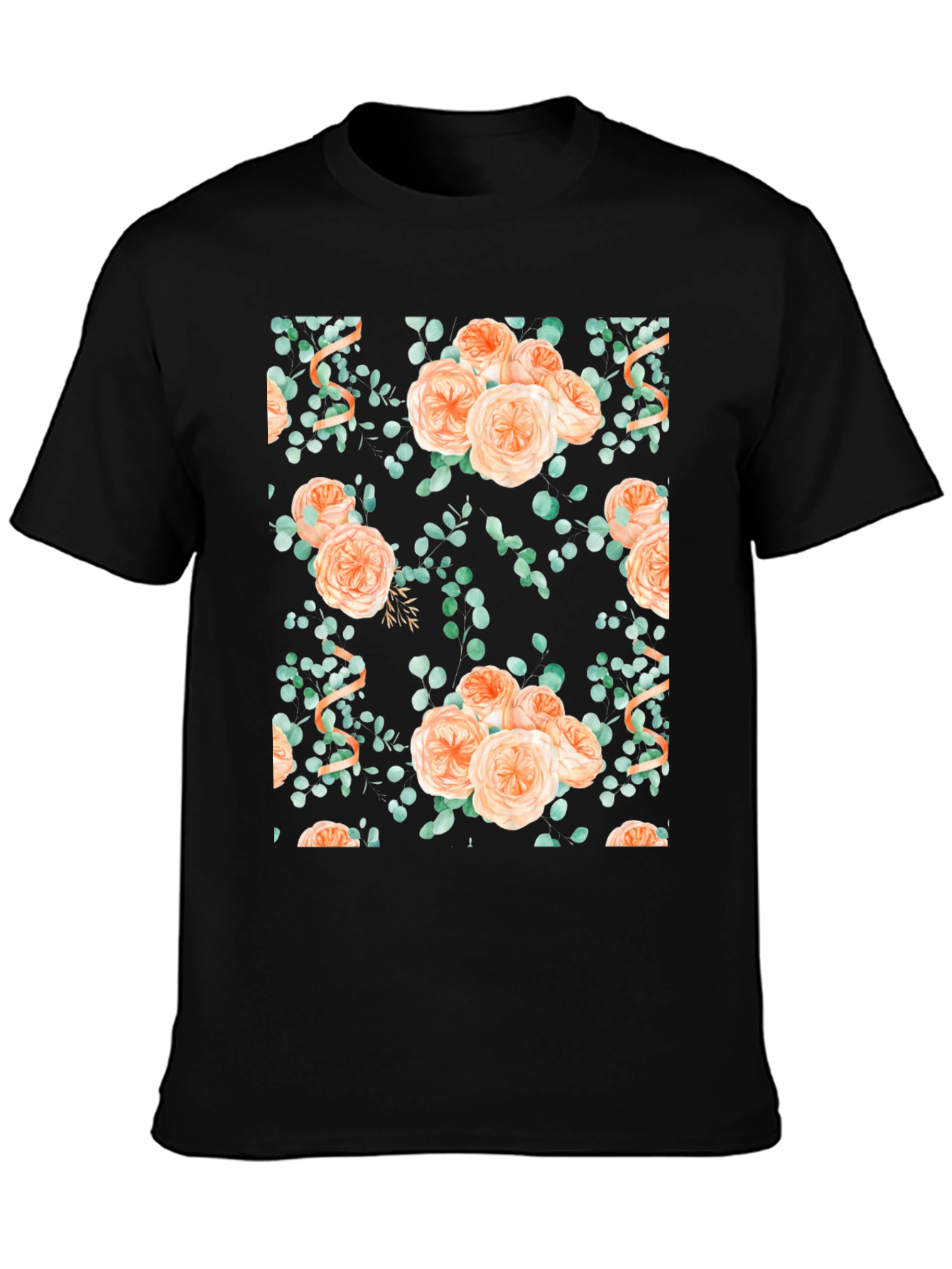 Floral Peach Rose Print Black T-Shirt