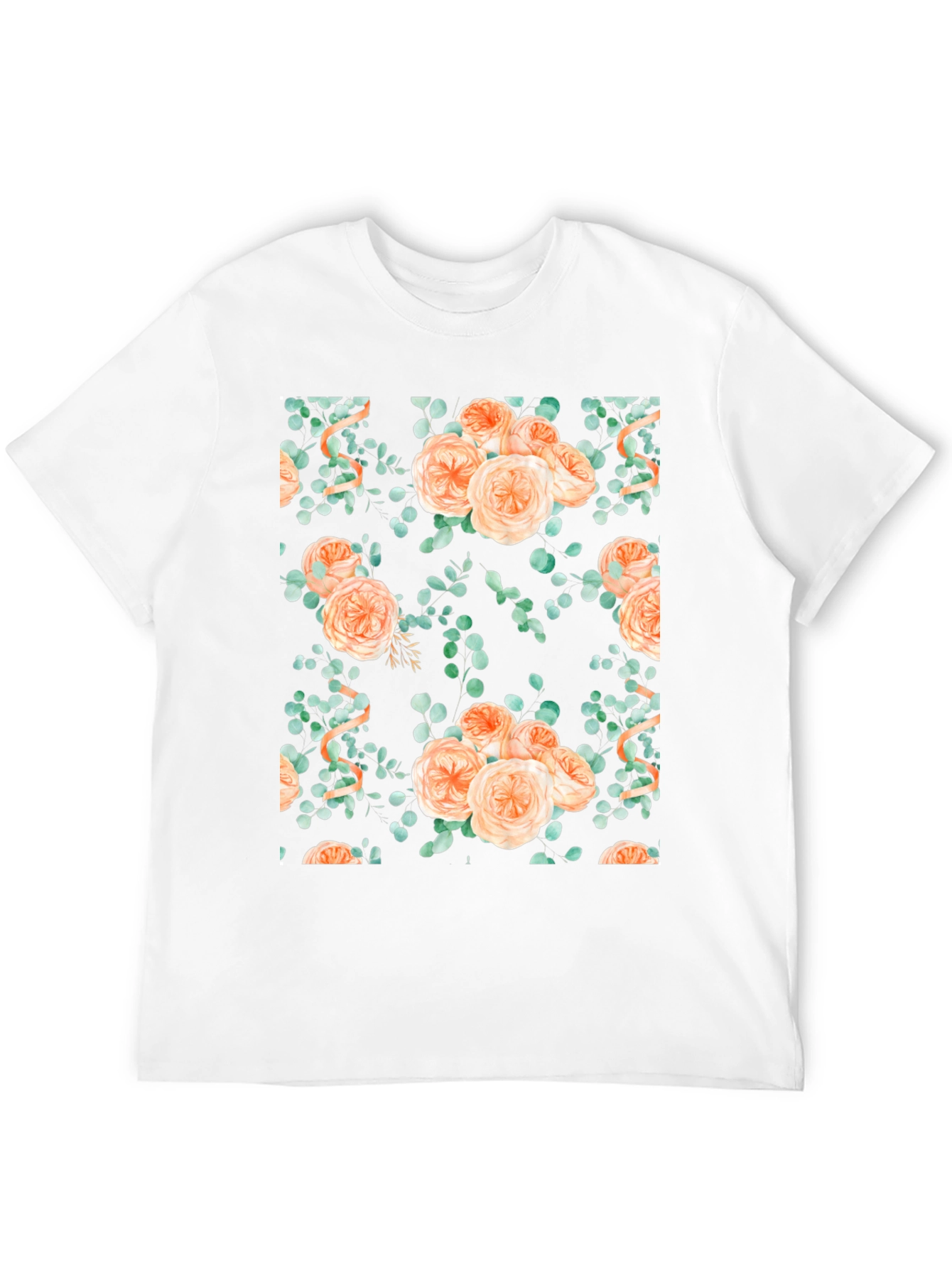Floral Peach Rose Print Black T-Shirt