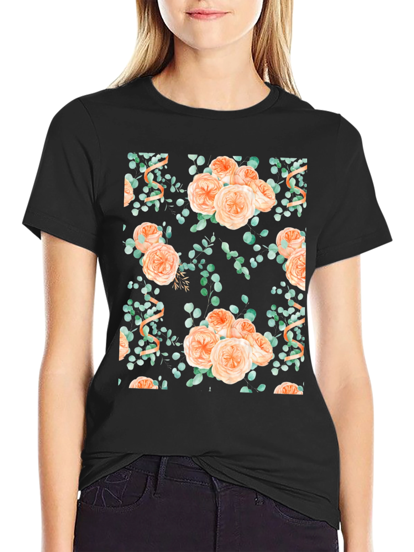 Floral Peach Rose Print Black T-Shirt