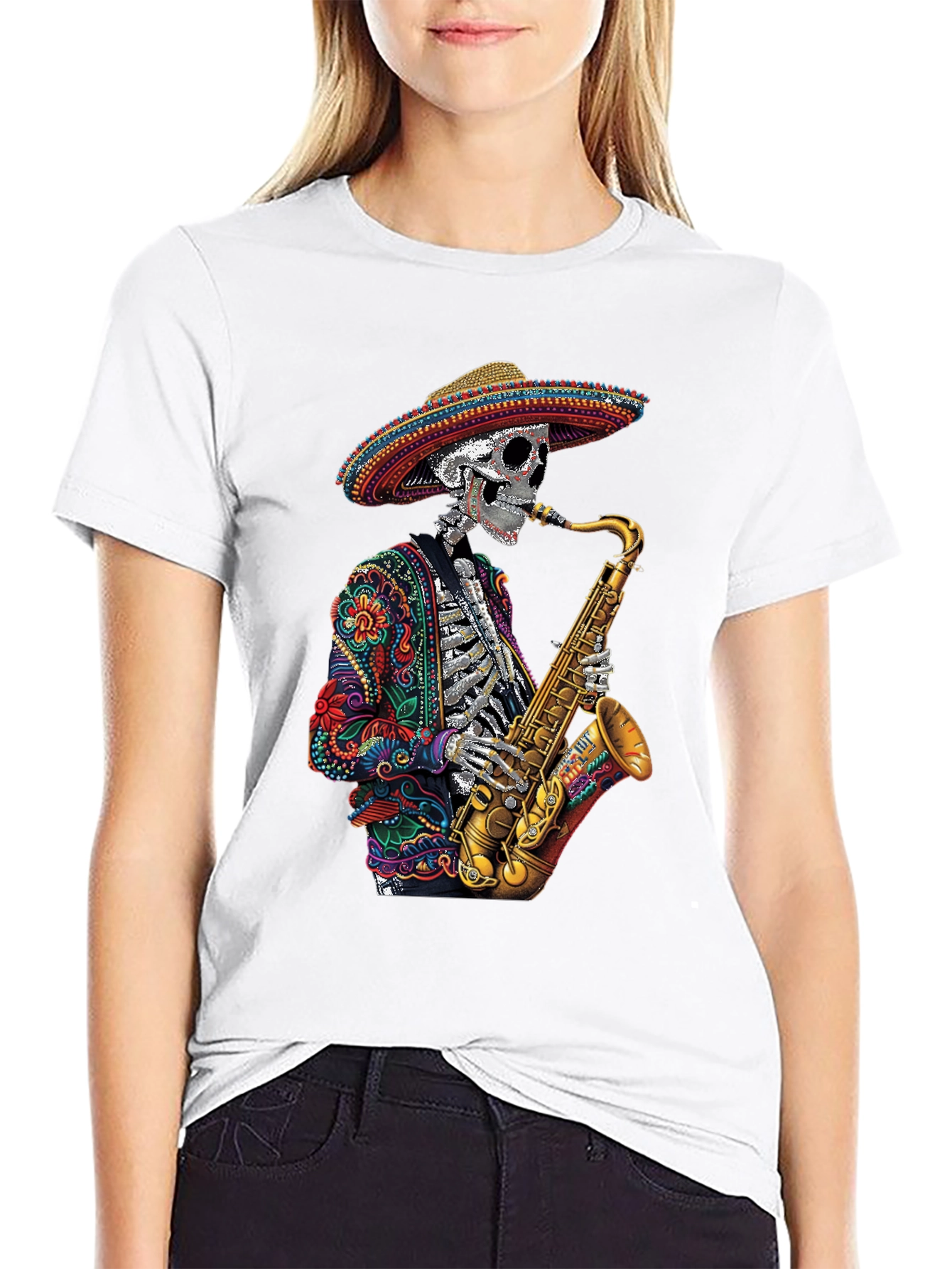 Day of the Dead Sax Skeleton Graphic Tee