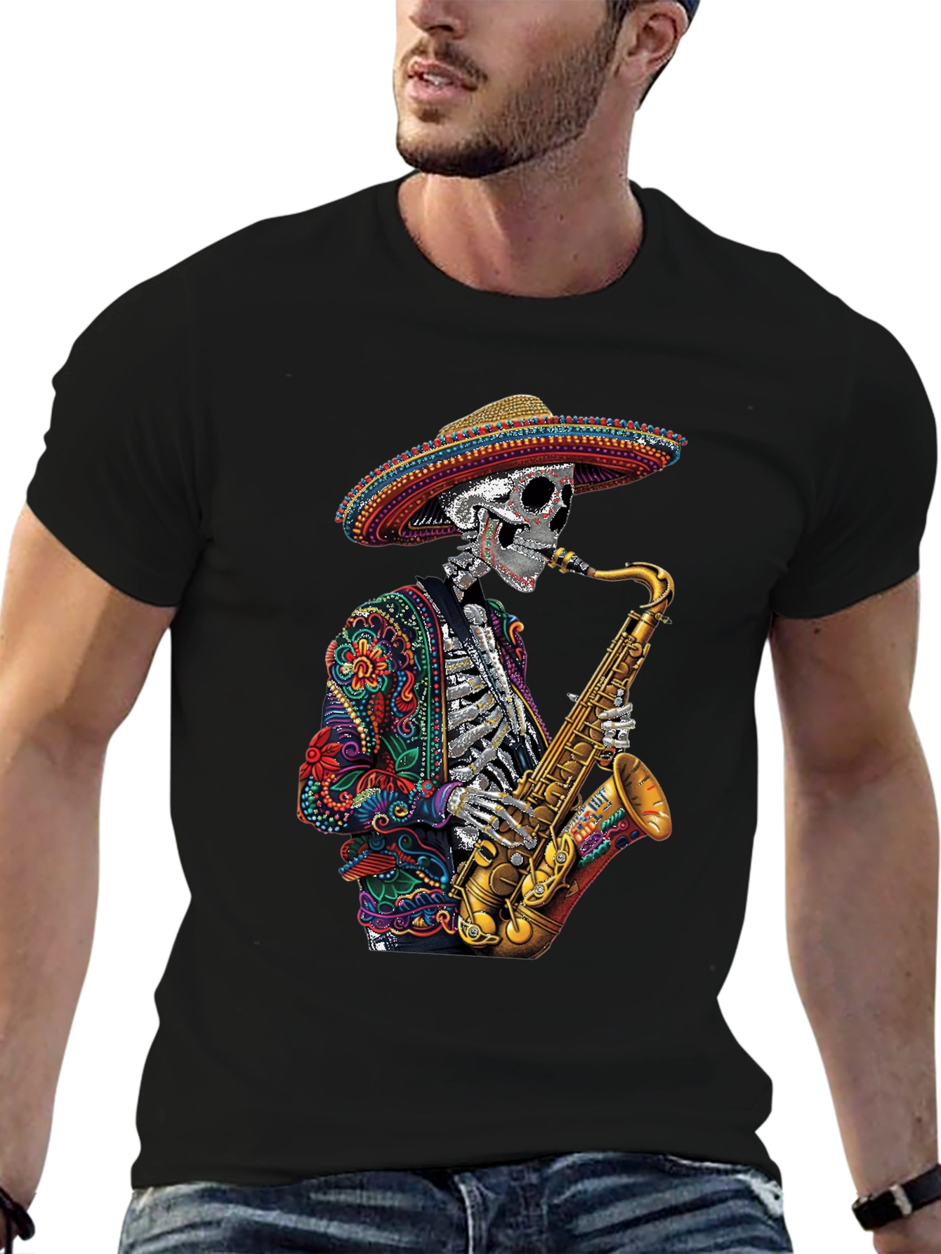 Day of the Dead Sax Skeleton Graphic Tee