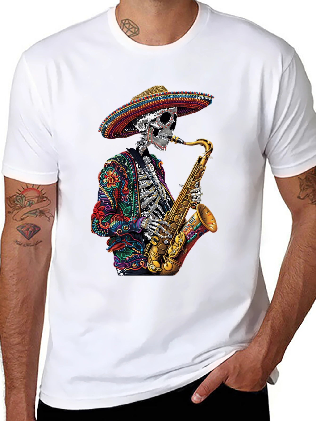 Day of the Dead Sax Skeleton Graphic Tee