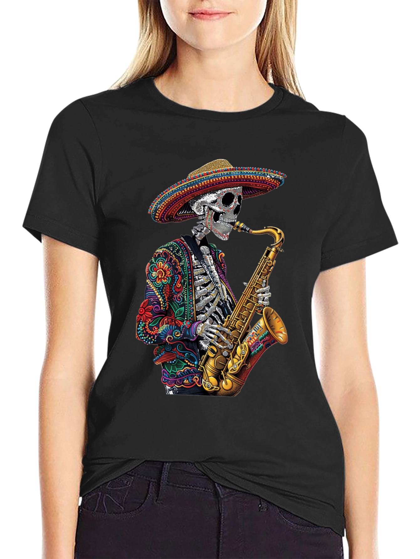 Day of the Dead Sax Skeleton Graphic Tee