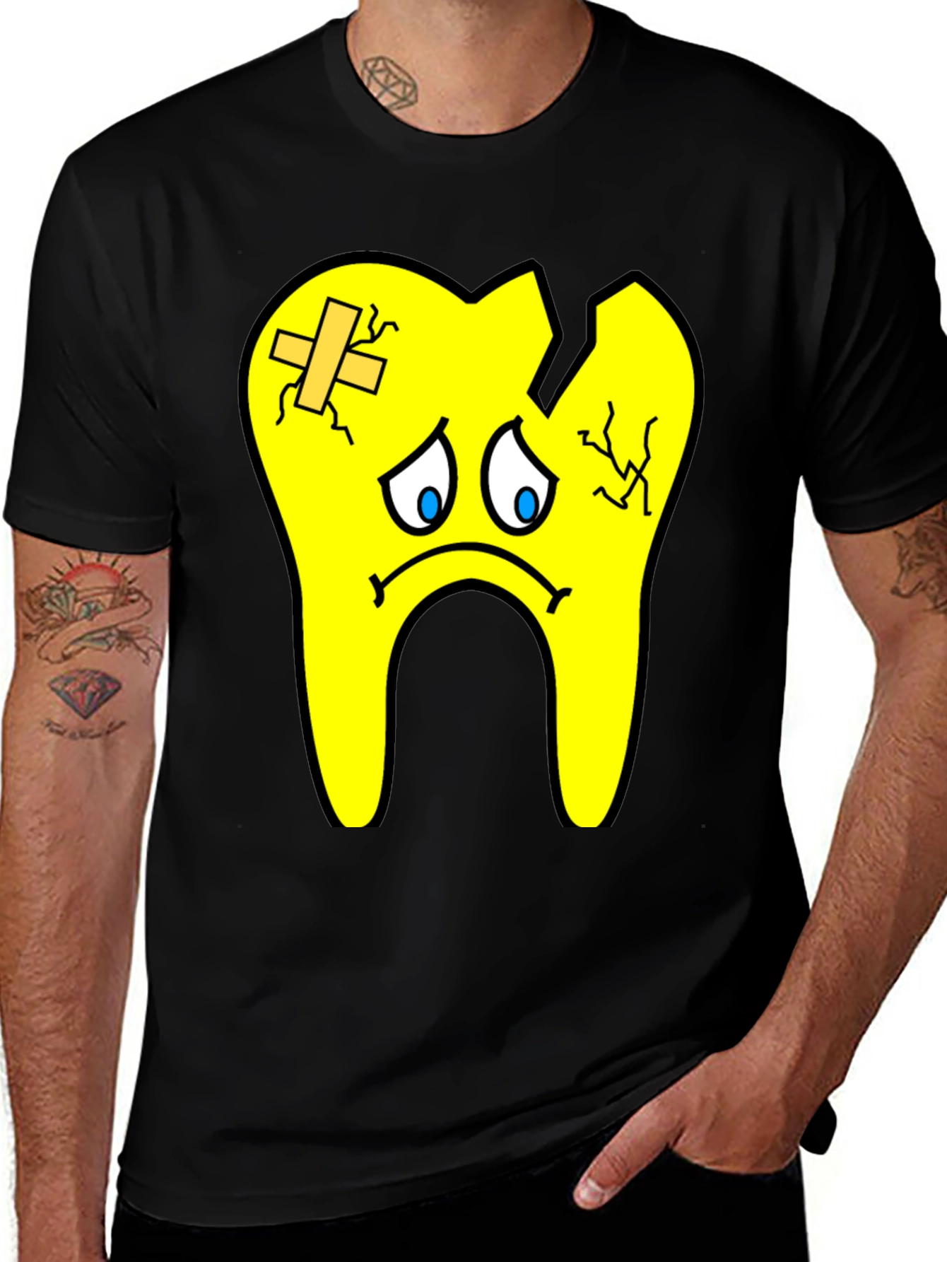Sad Broken Tooth Cartoon Graphic Print T-Shirt