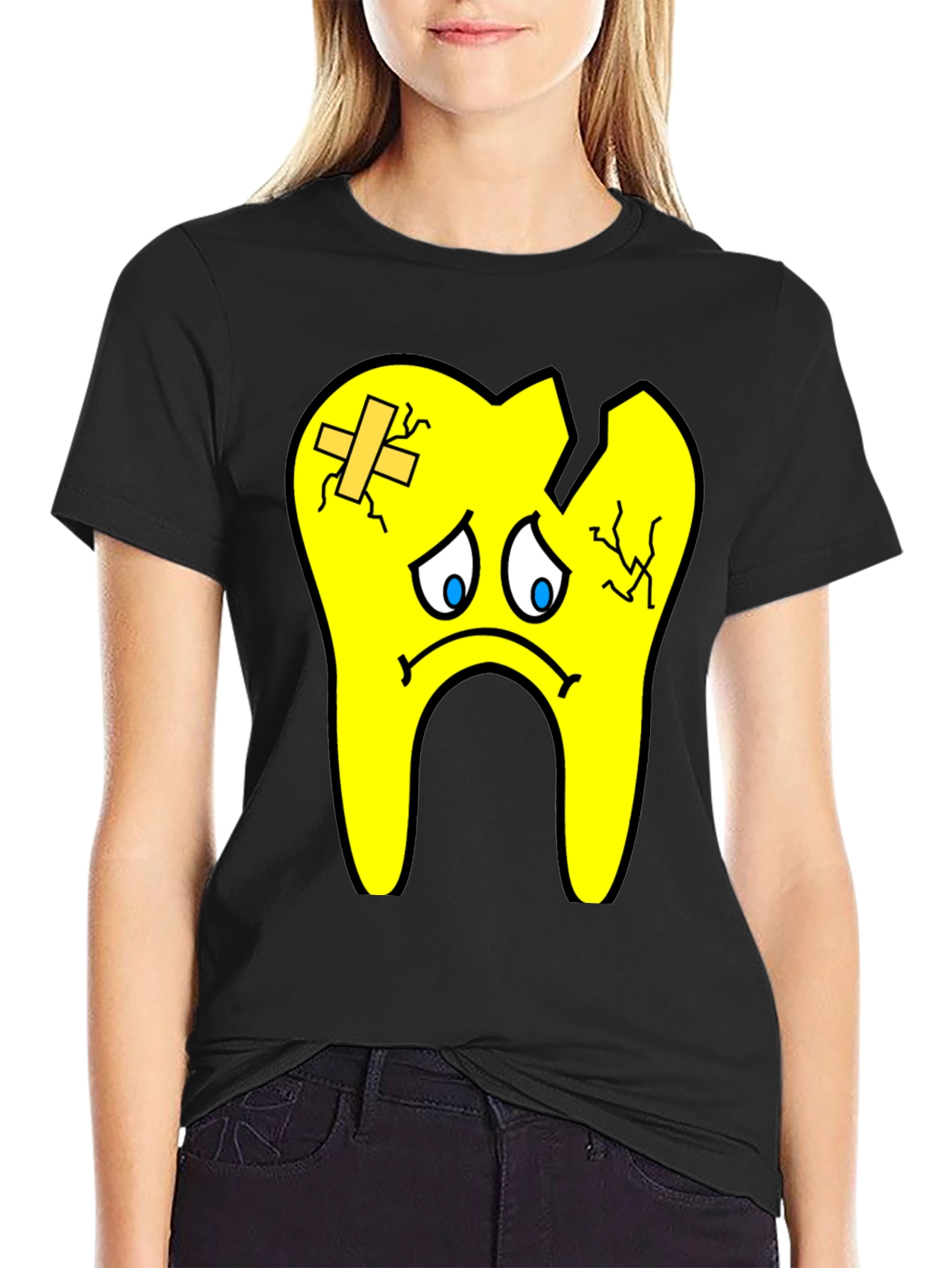 Sad Broken Tooth Cartoon Graphic Print T-Shirt