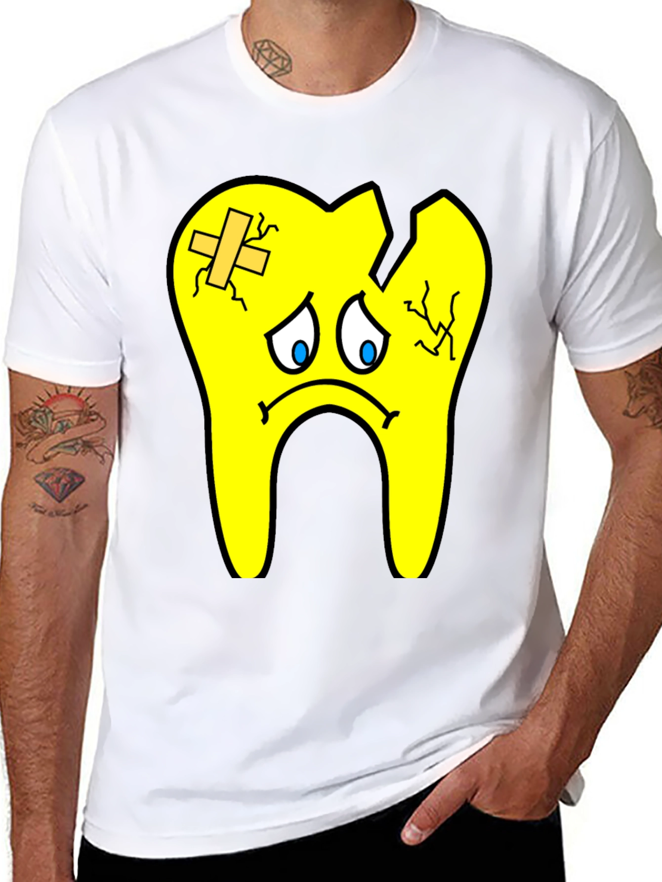 Sad Broken Tooth Cartoon Graphic Print T-Shirt