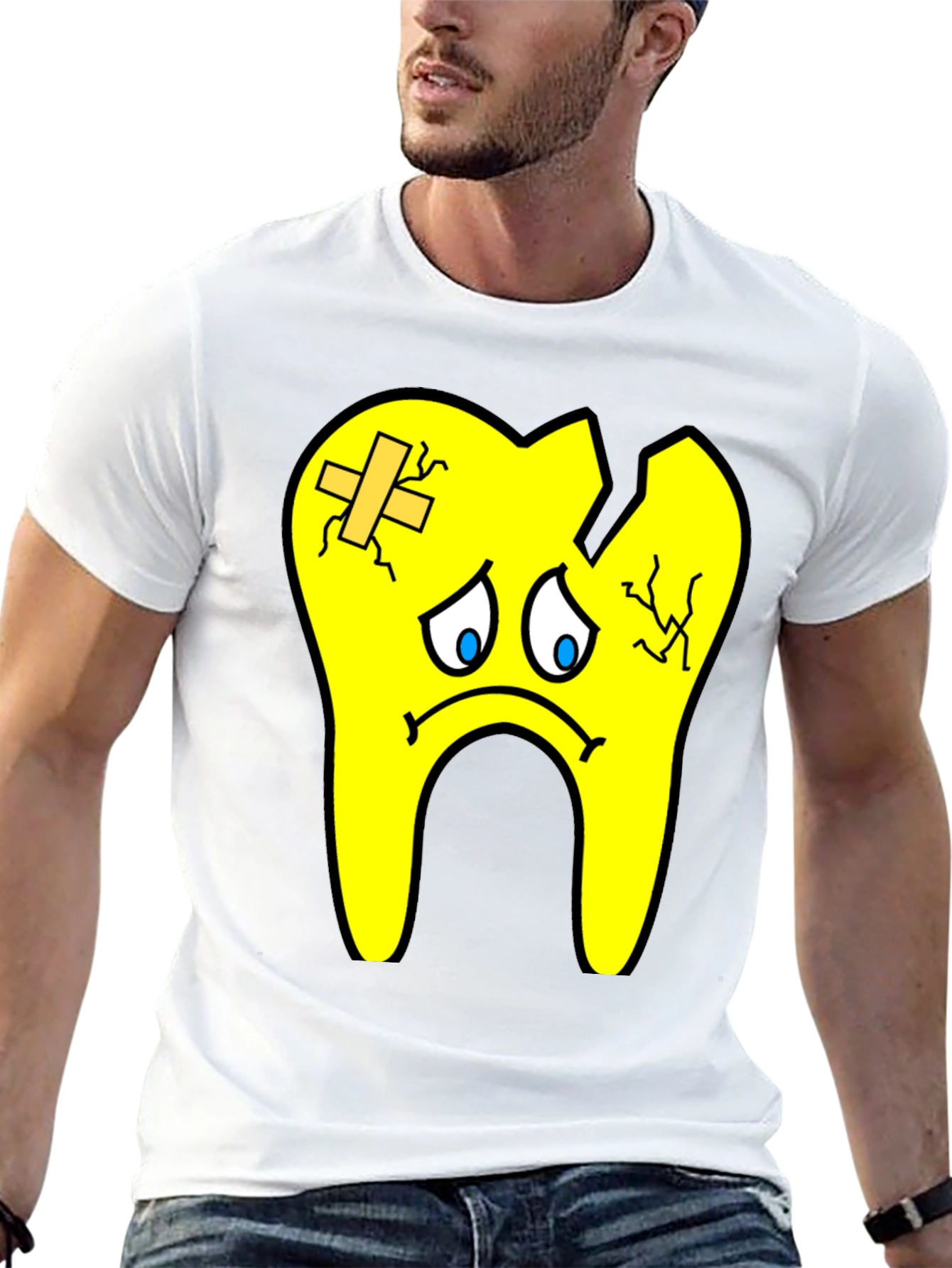 Sad Broken Tooth Cartoon Graphic Print T-Shirt