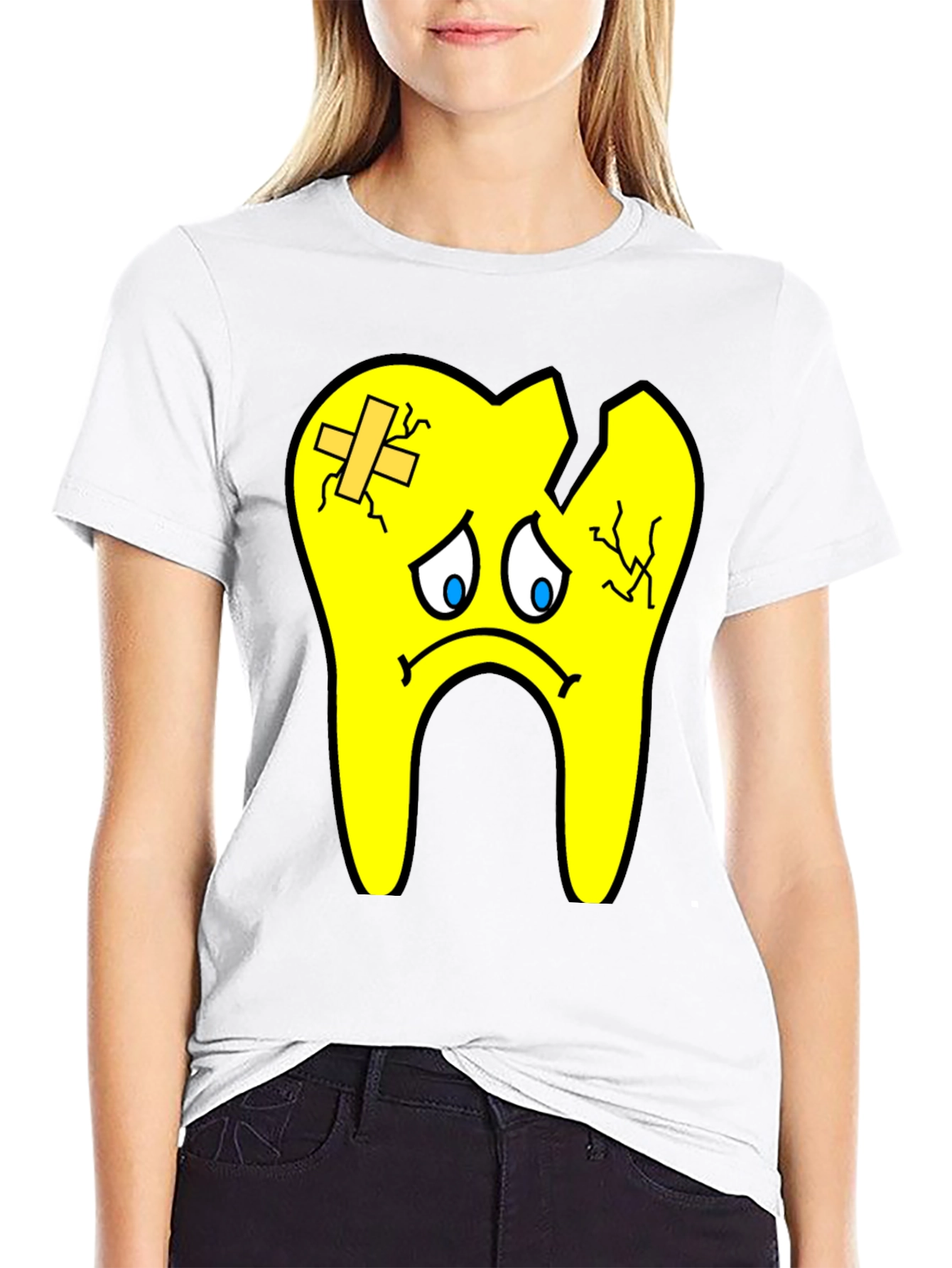 Sad Broken Tooth Cartoon Graphic Print T-Shirt