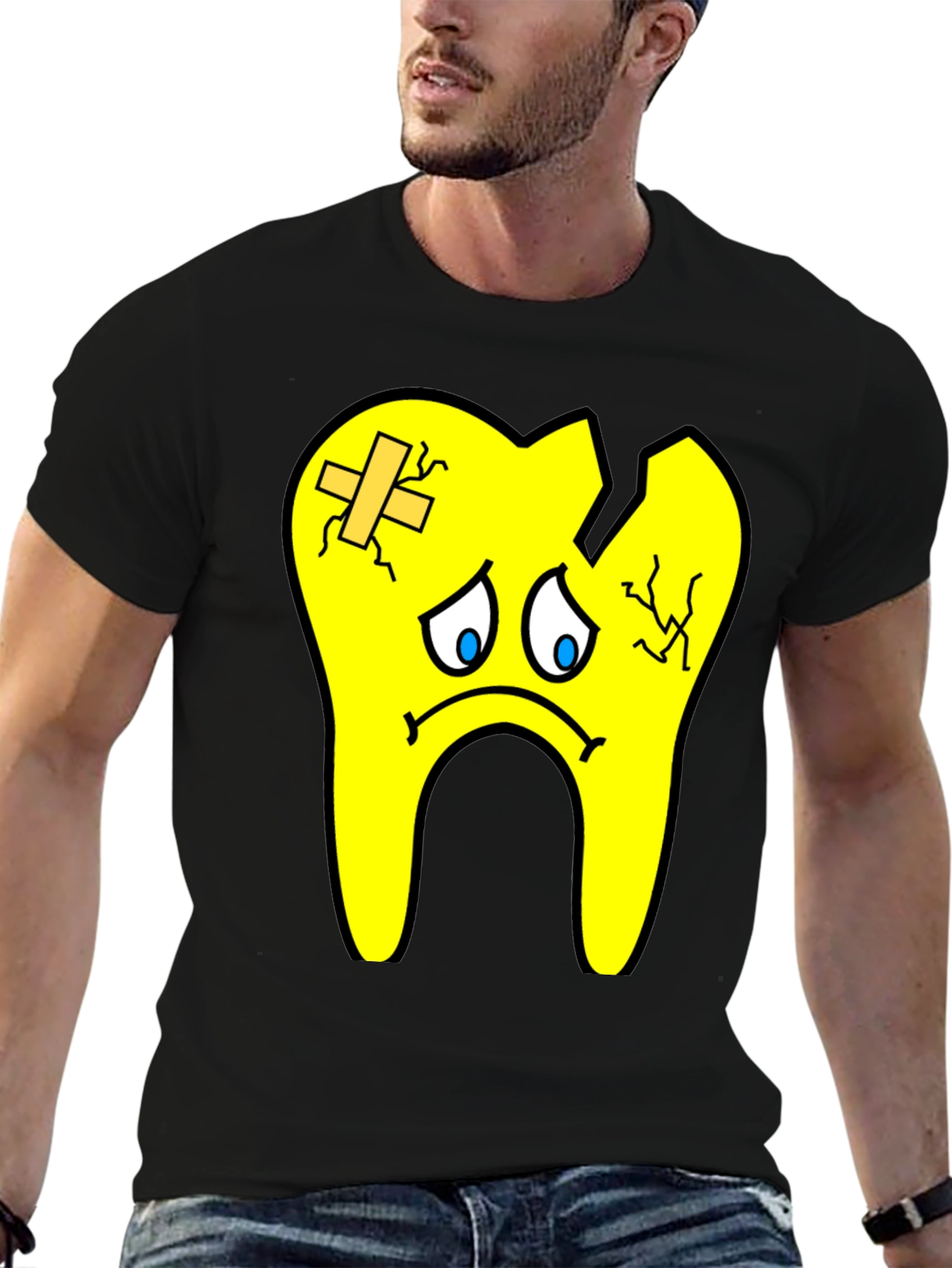 Sad Broken Tooth Cartoon Graphic Print T-Shirt