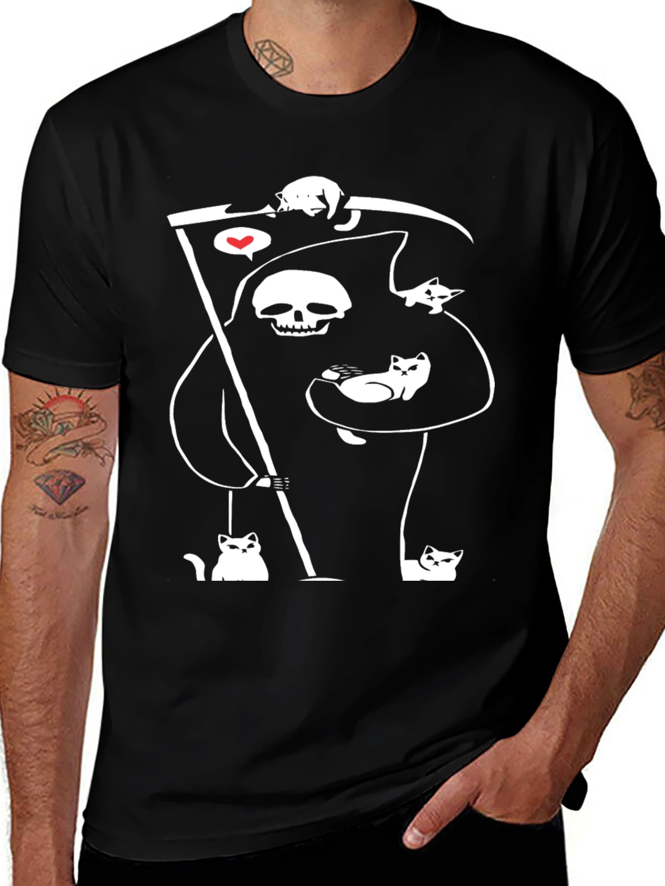 Grim Reaper Cat Lover T-Shirt - Black Cotton Blend