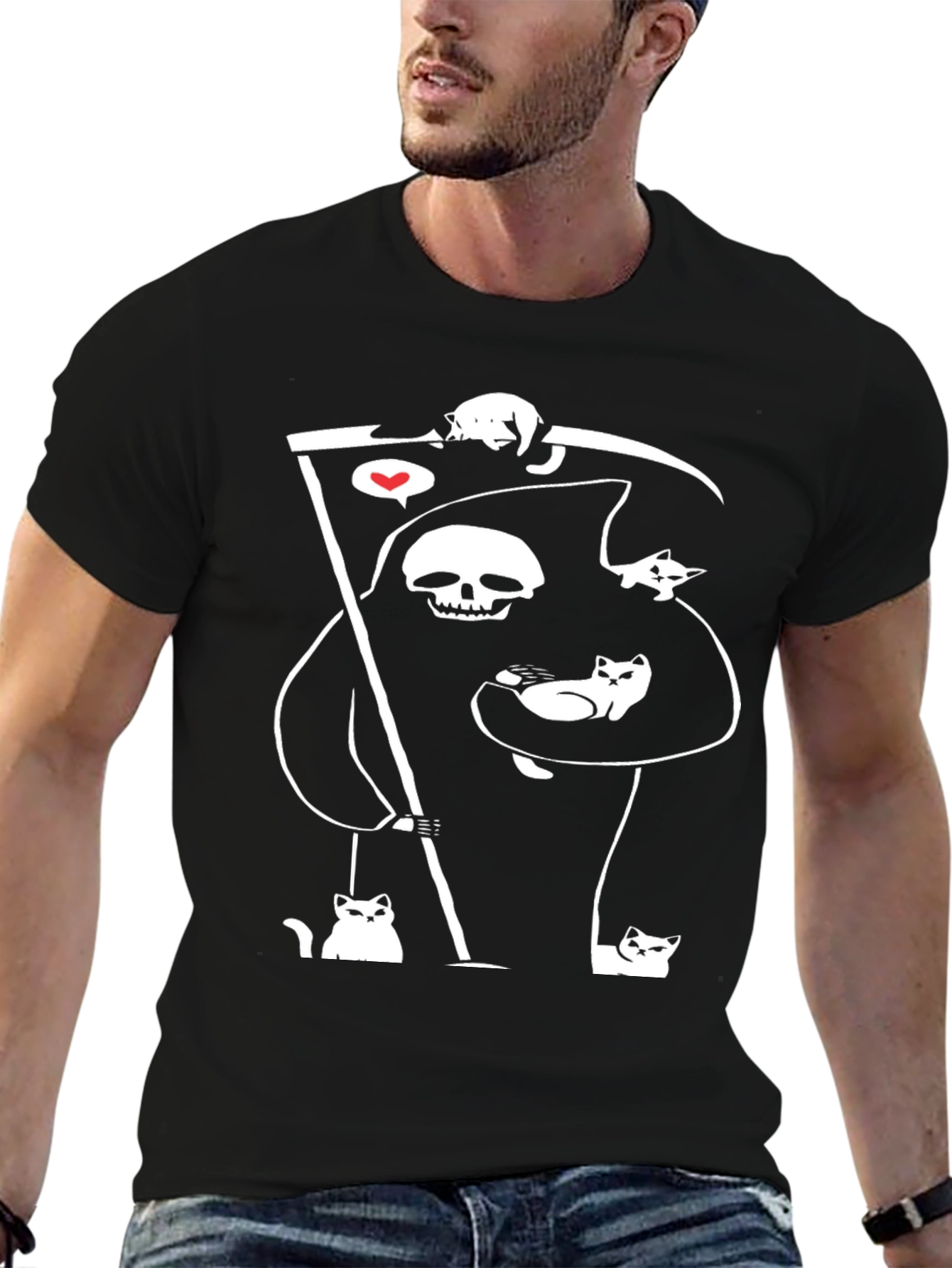 Grim Reaper Cat Lover T-Shirt - Black Cotton Blend