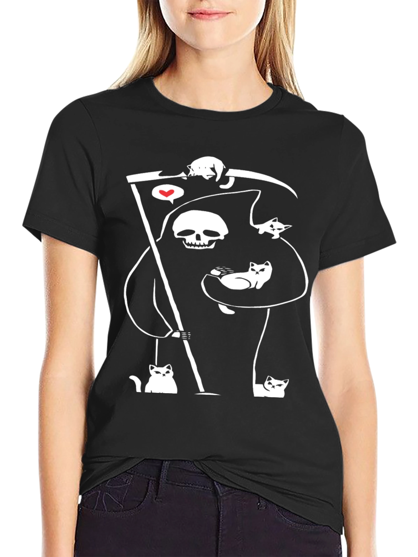 Grim Reaper Cat Lover T-Shirt - Black Cotton Blend