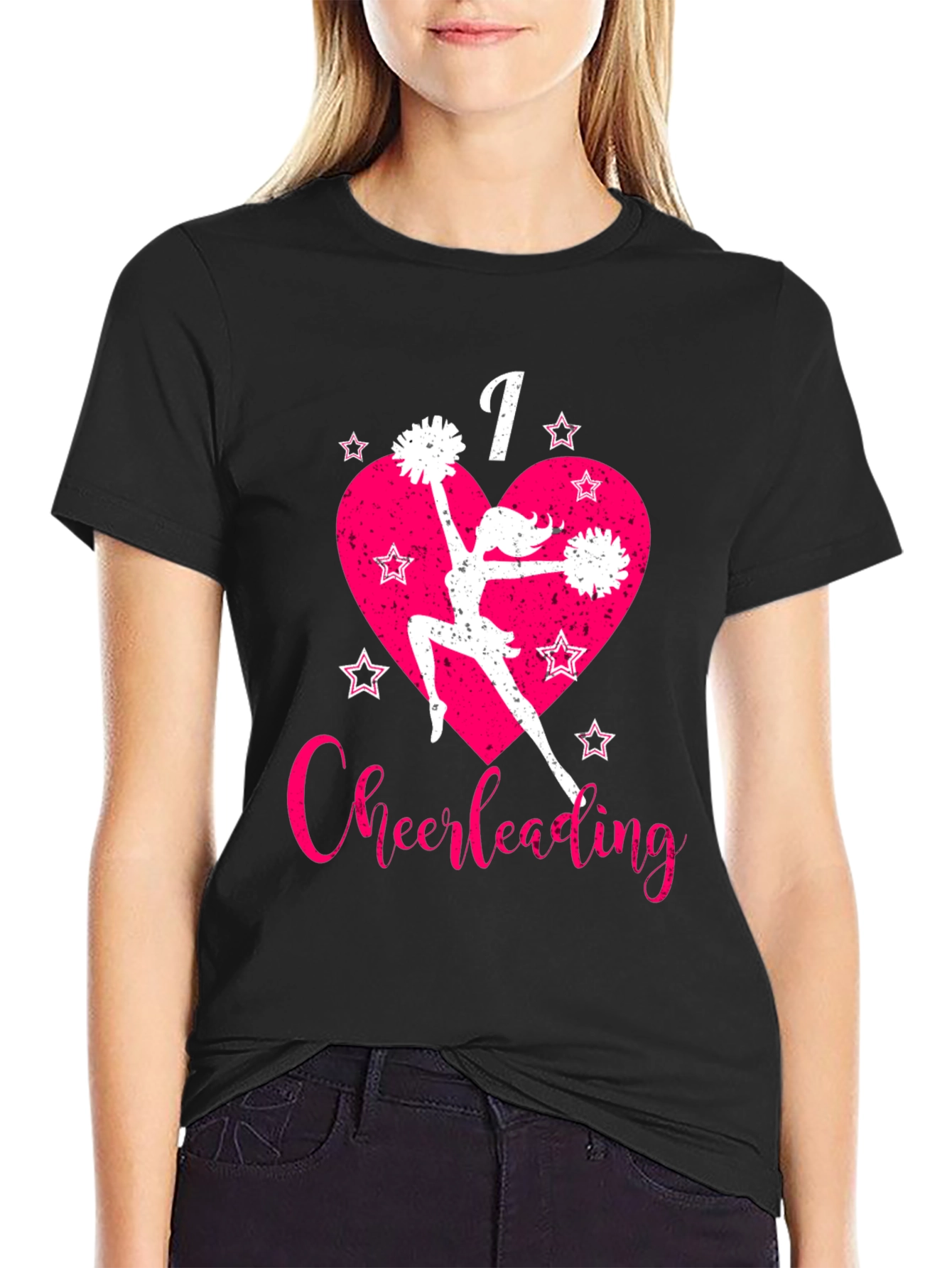 I Love Cheerleading T-Shirt Pink Heart and Stars