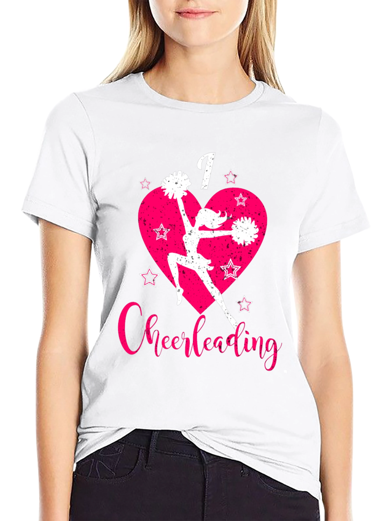 I Love Cheerleading T-Shirt Pink Heart and Stars
